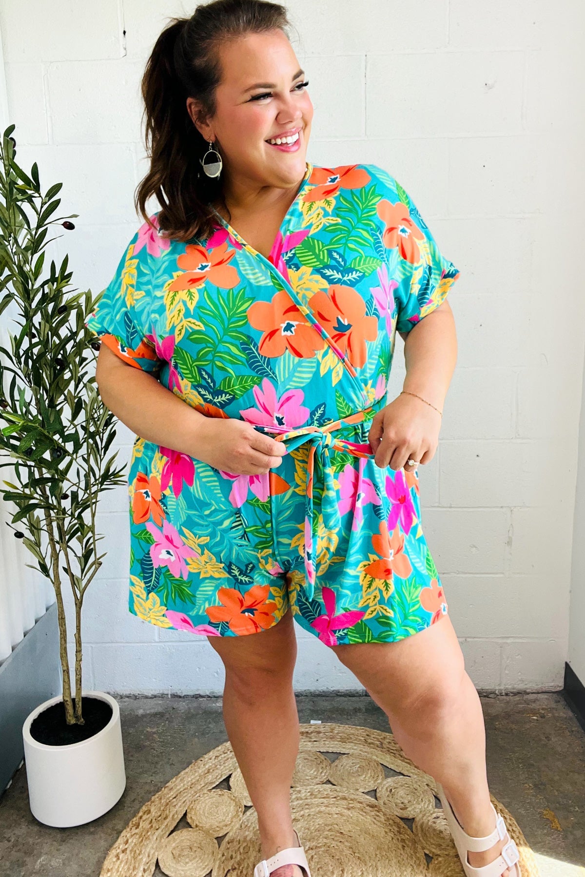 Turquoise Floral Surplice Tie Waist Romper