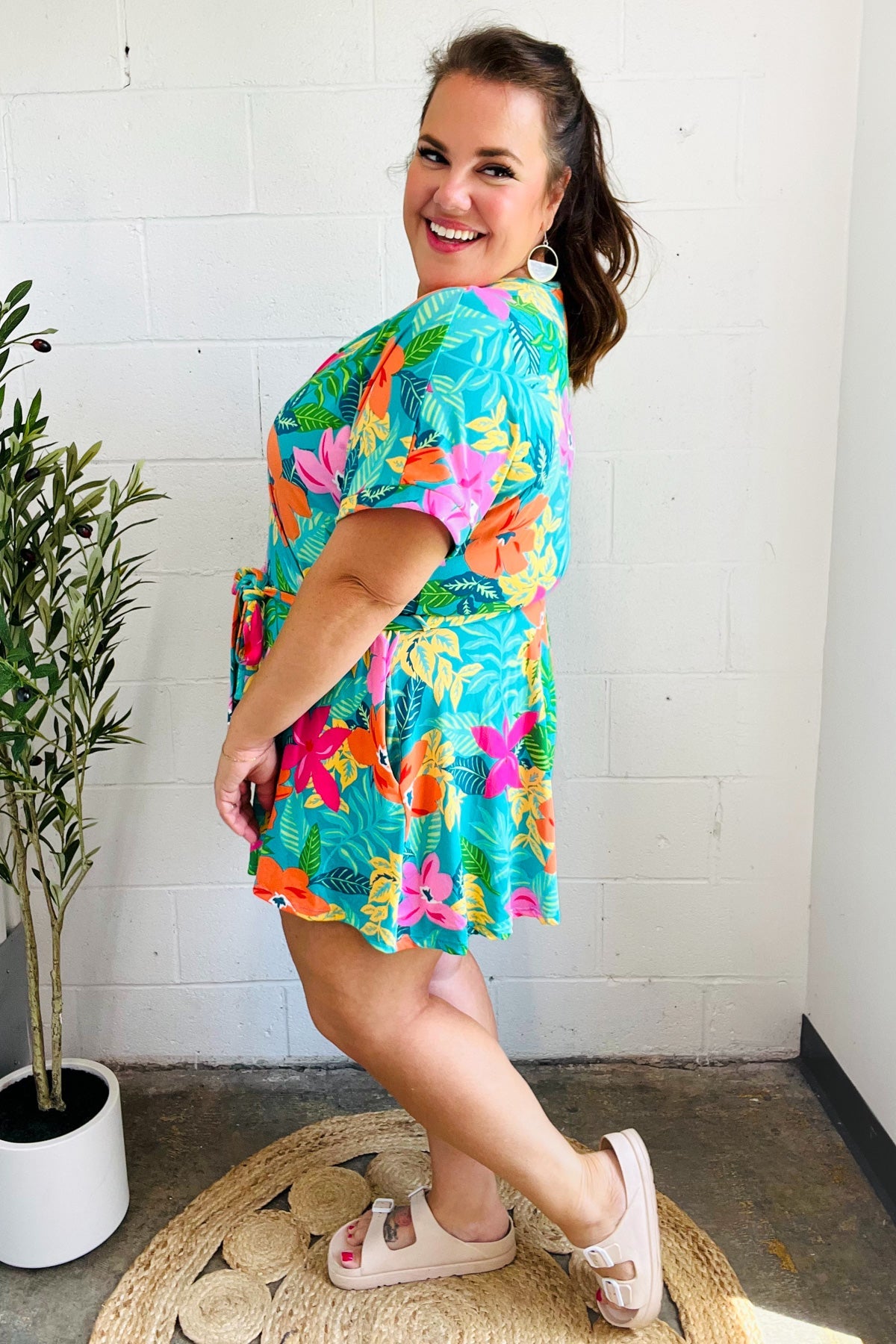 Turquoise Floral Surplice Tie Waist Romper