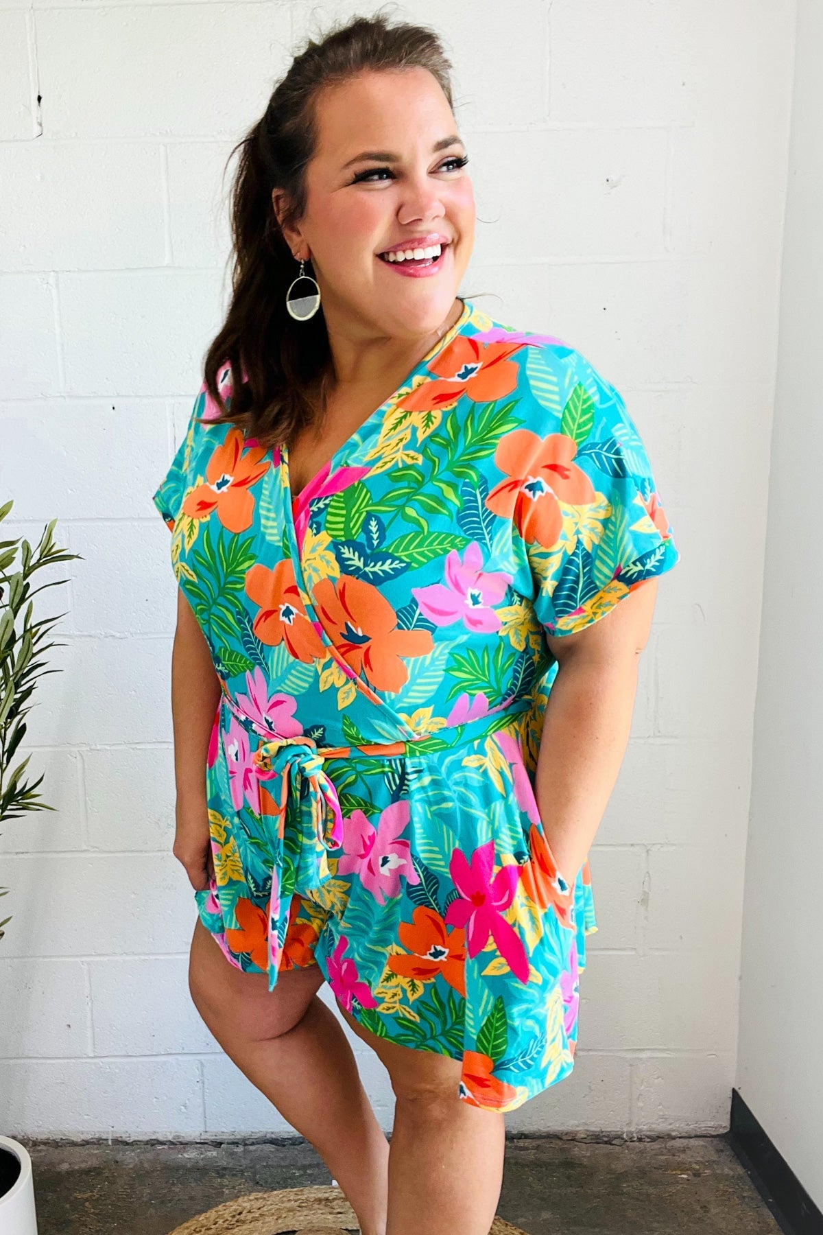 Turquoise Floral Surplice Tie Waist Romper