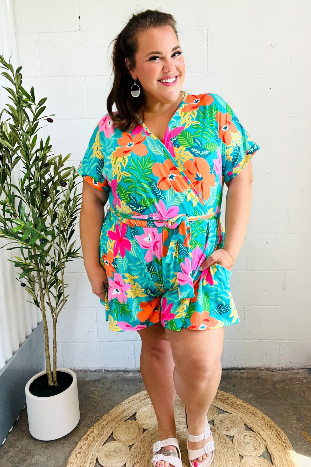 Turquoise Floral Surplice Tie Waist Romper