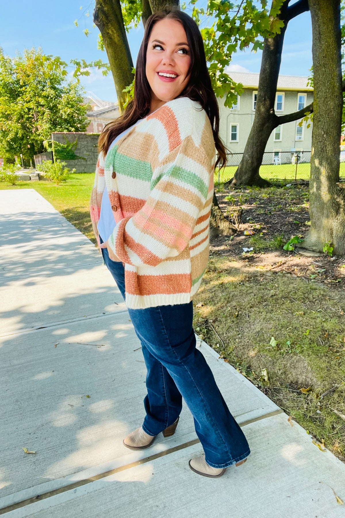 Taupe & Sage Stripe Button Down Cardigan