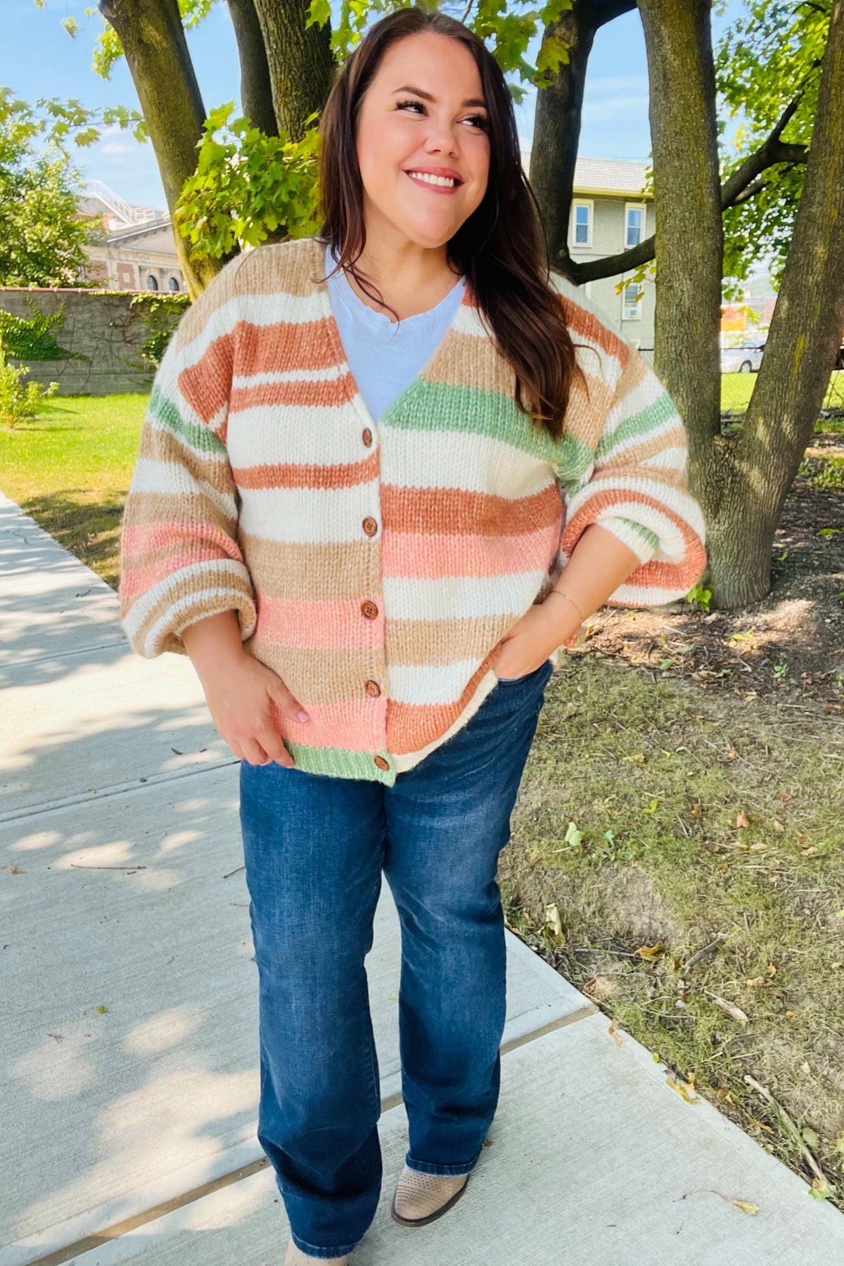 Taupe & Sage Stripe Button Down Cardigan