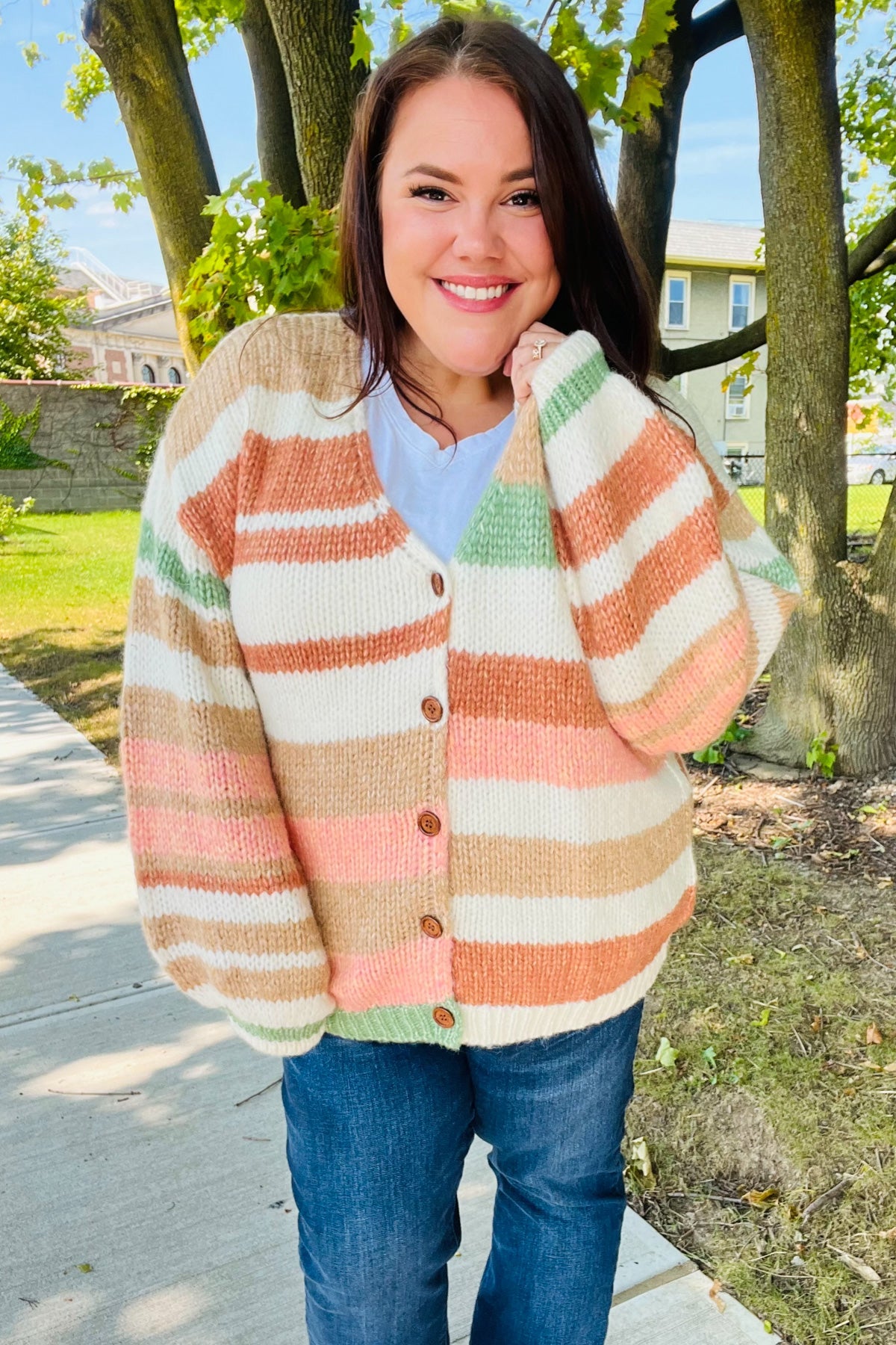 Taupe & Sage Stripe Button Down Cardigan