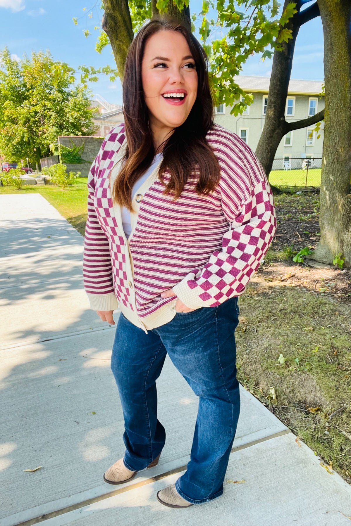 Magenta Checkered & Striped Button Down Cardigan