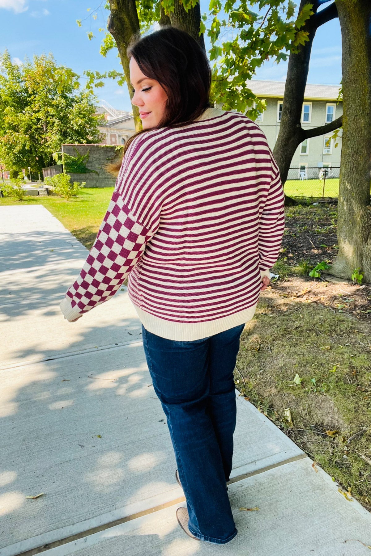 Magenta Checkered & Striped Button Down Cardigan