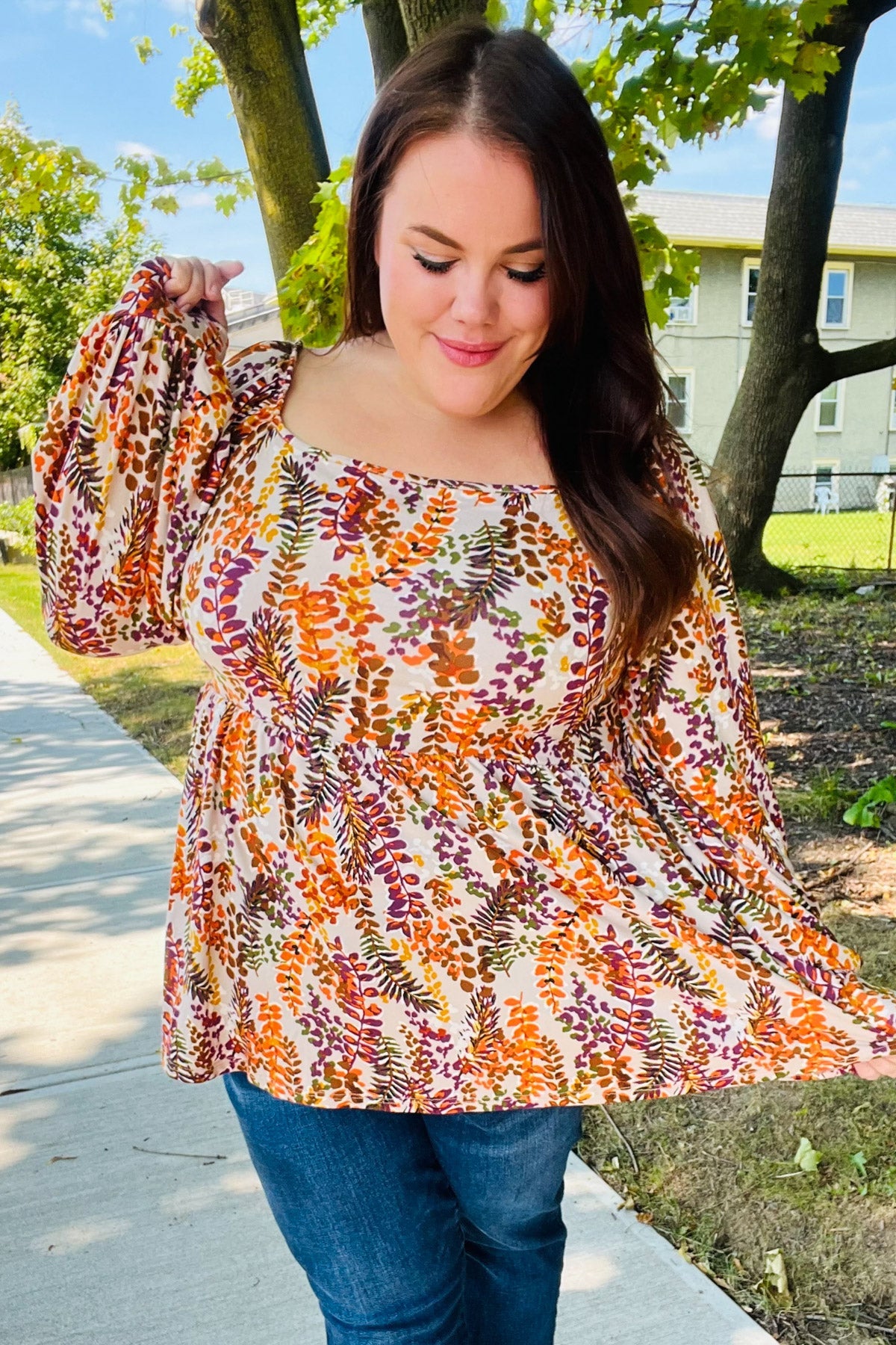 Taupe & Rust Fall Leaves Bubble Sleeve Babydoll Top