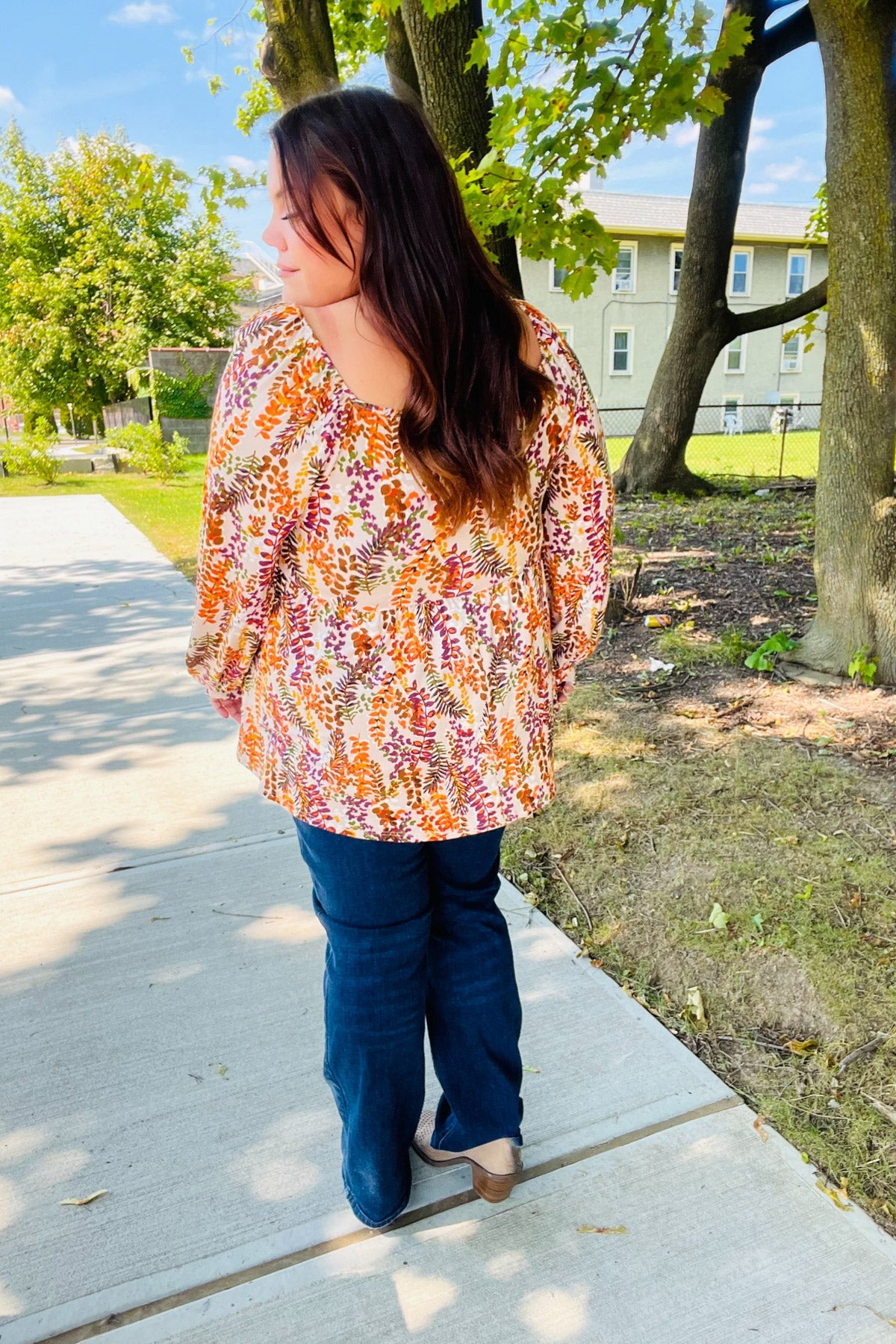 Taupe & Rust Fall Leaves Bubble Sleeve Babydoll Top