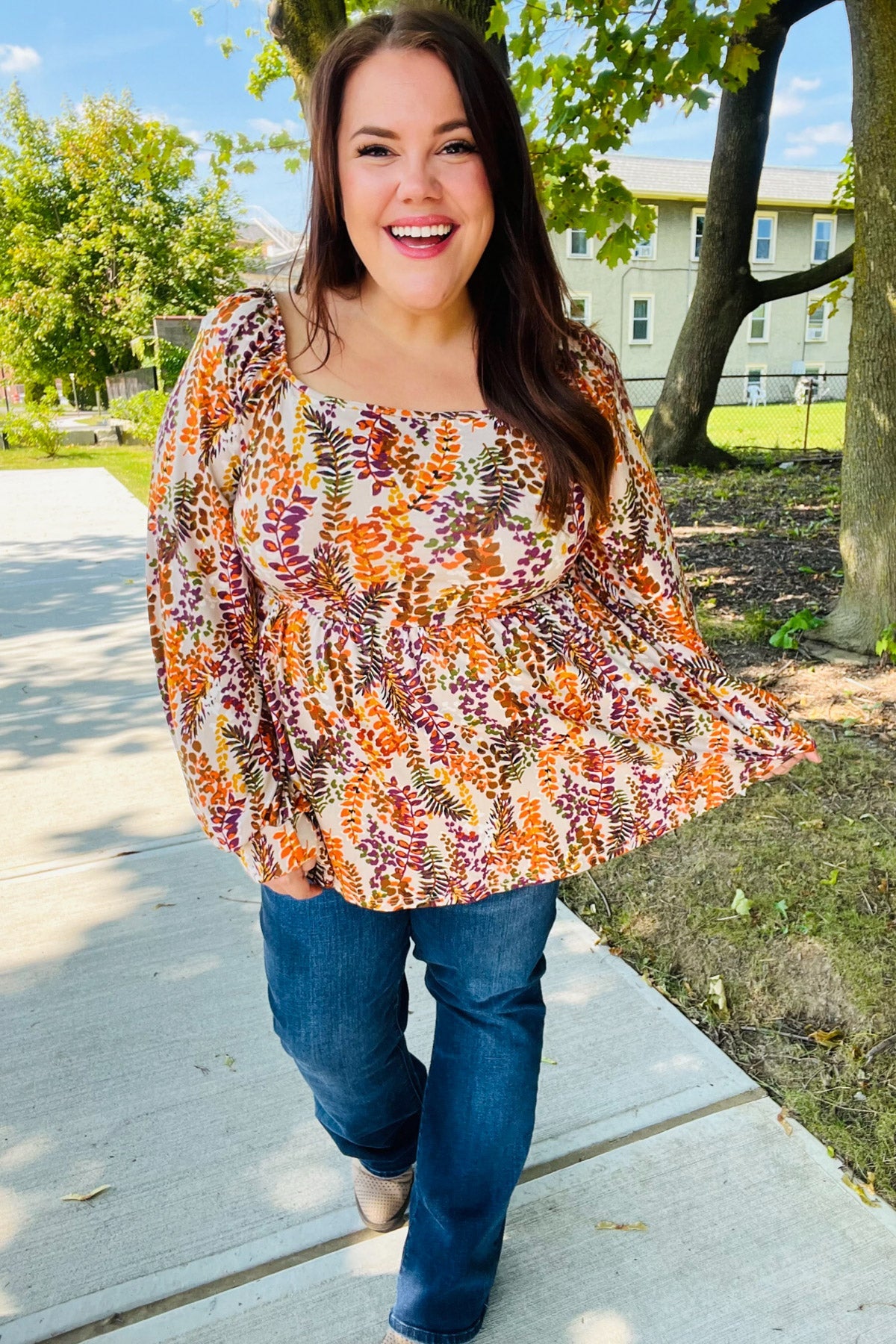 Taupe & Rust Fall Leaves Bubble Sleeve Babydoll Top