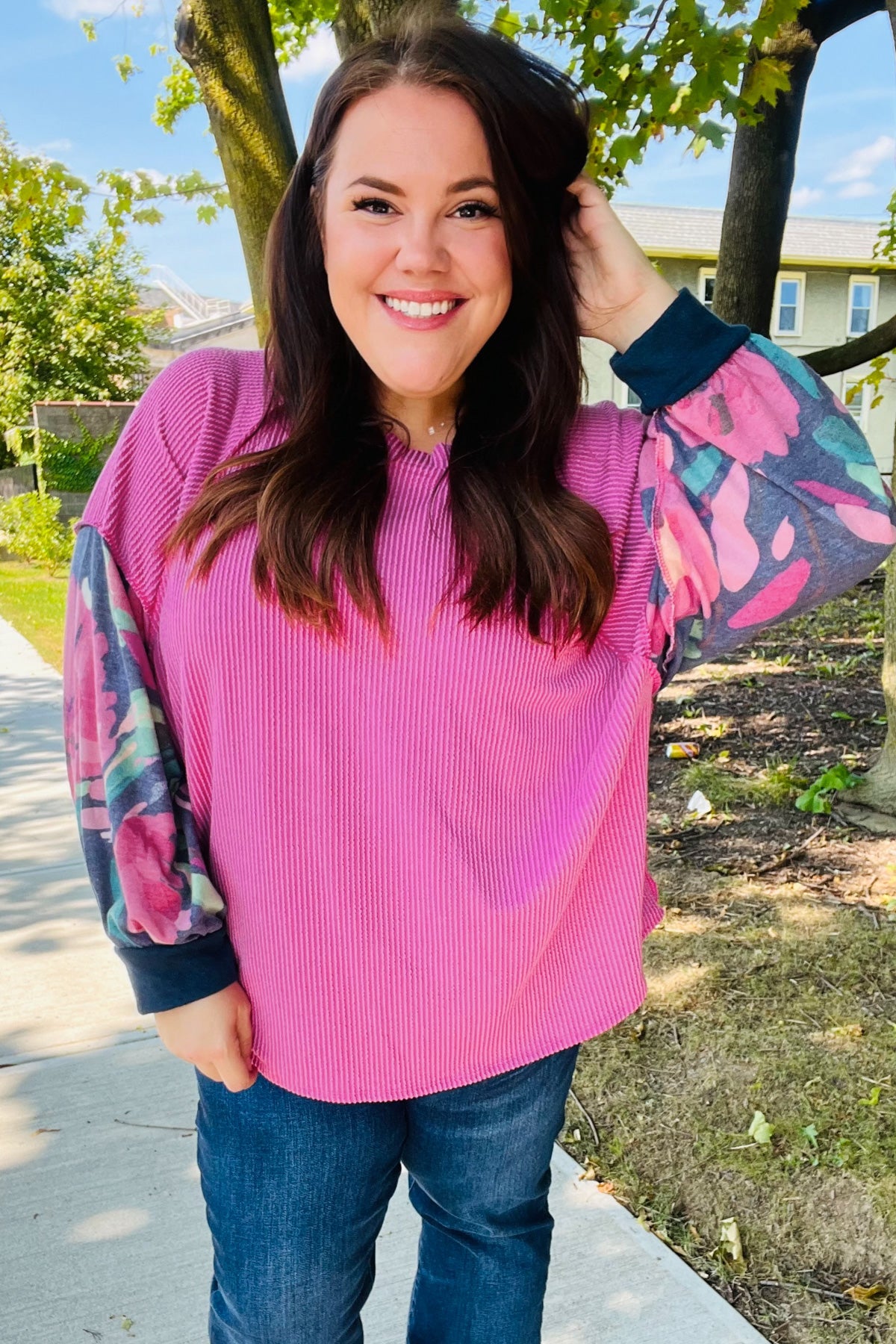 Magenta & Navy Floral Mineral Wash Rib Dolman Top