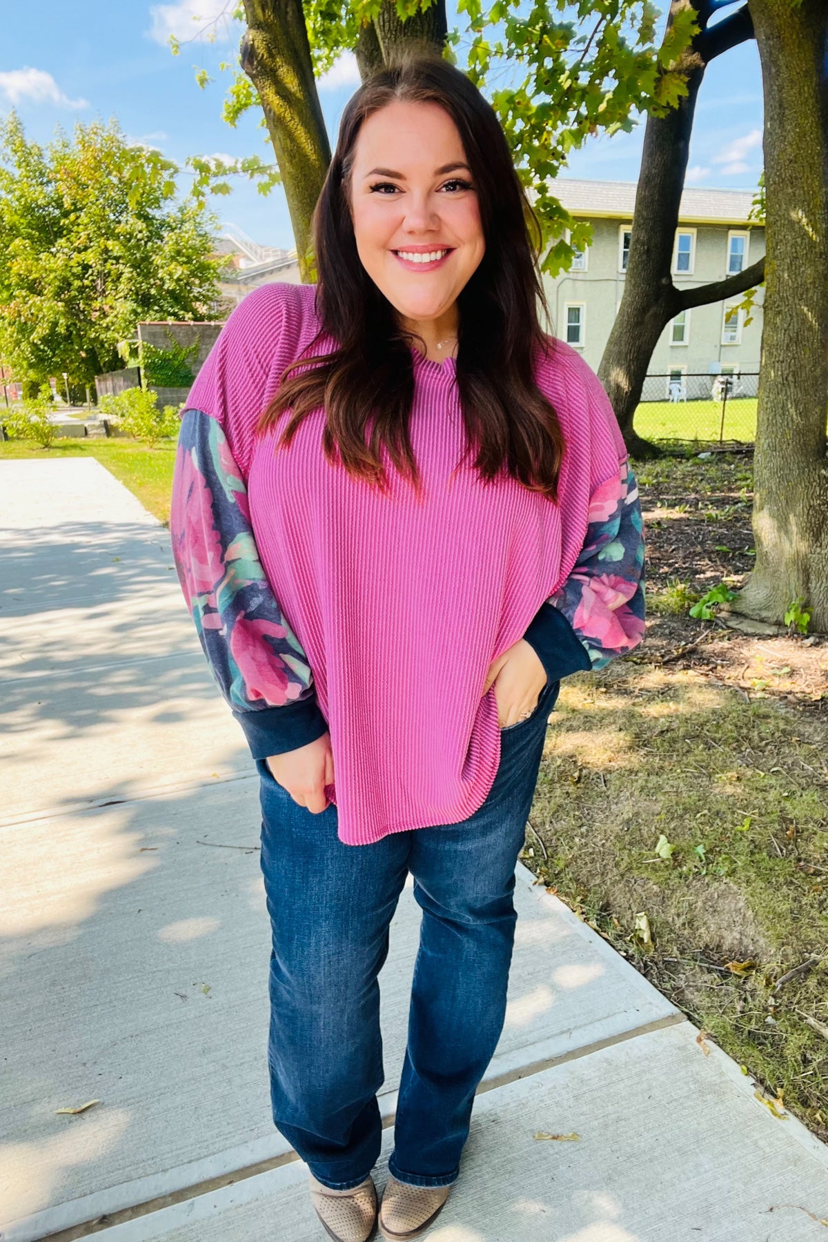 Magenta & Navy Floral Mineral Wash Rib Dolman Top