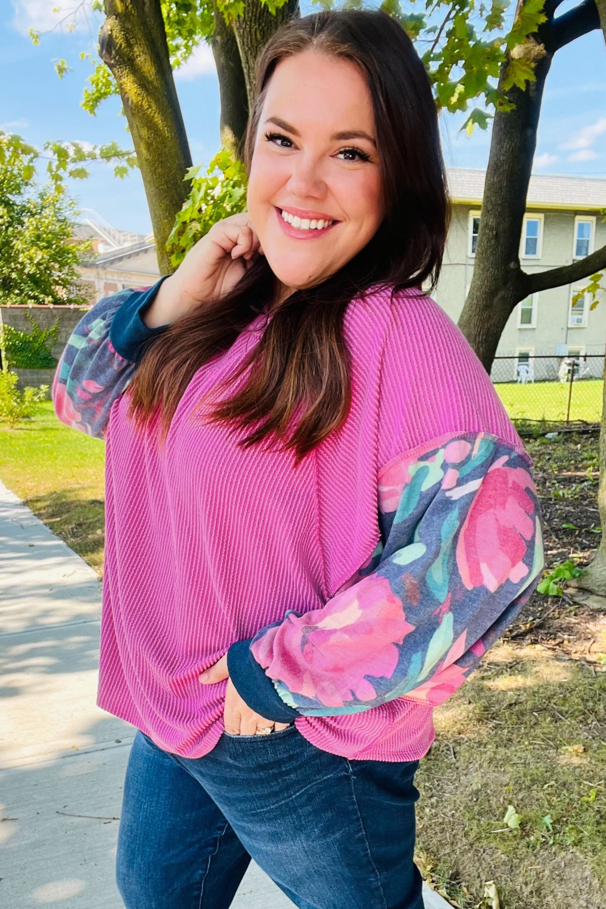 Magenta & Navy Floral Mineral Wash Rib Dolman Top