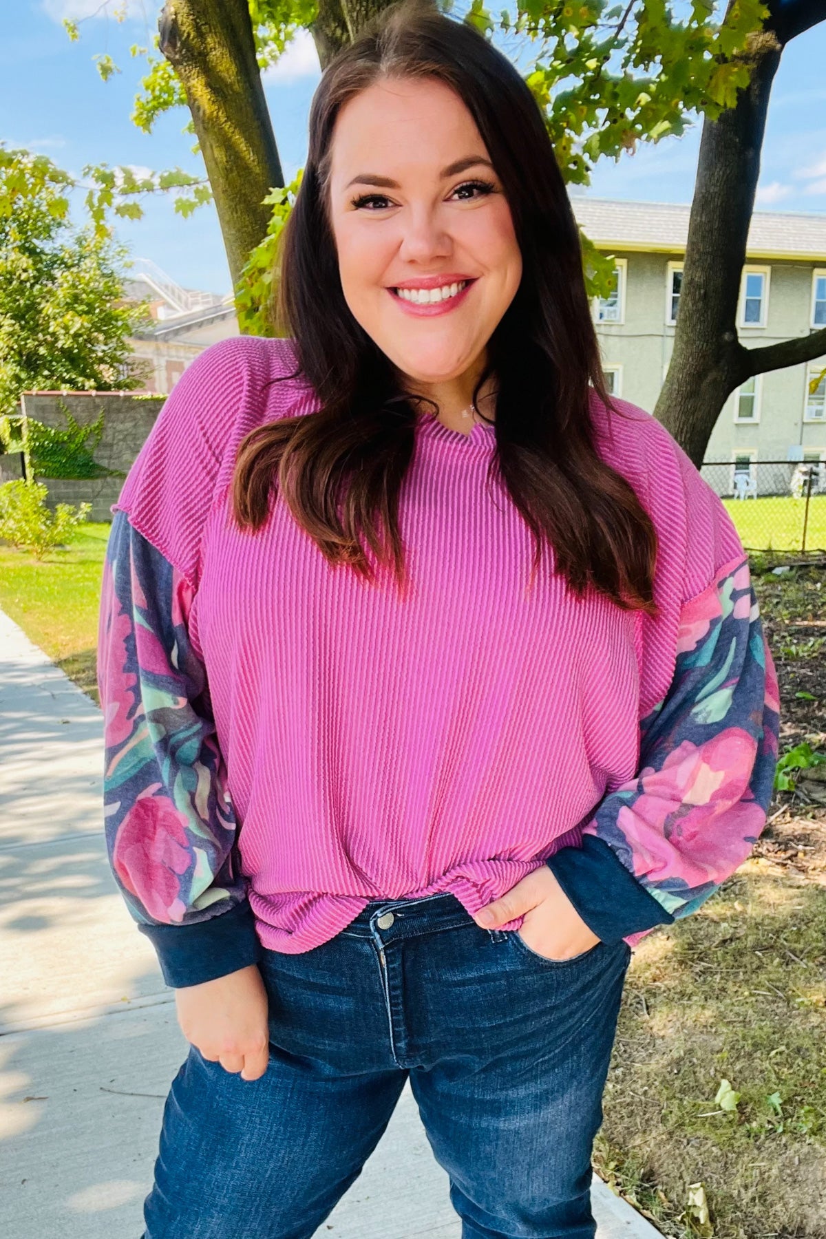 Magenta & Navy Floral Mineral Wash Rib Dolman Top