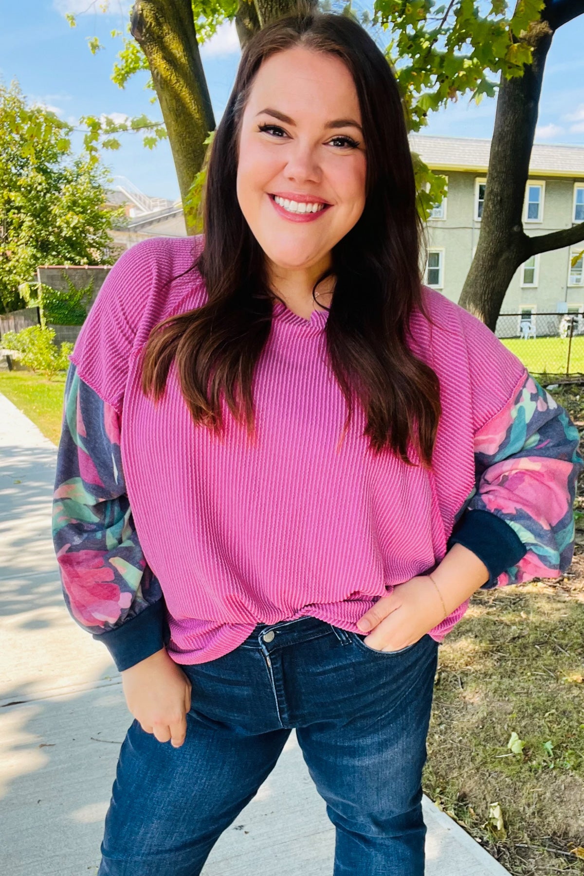 Magenta & Navy Floral Mineral Wash Rib Dolman Top