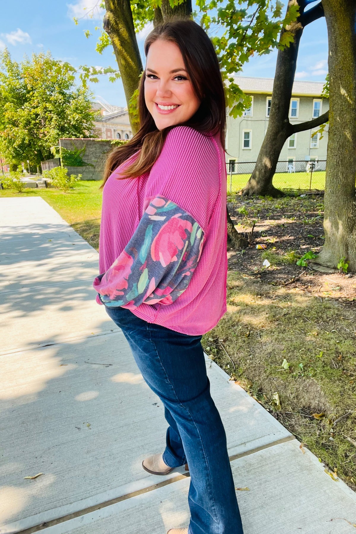 Magenta & Navy Floral Mineral Wash Rib Dolman Top