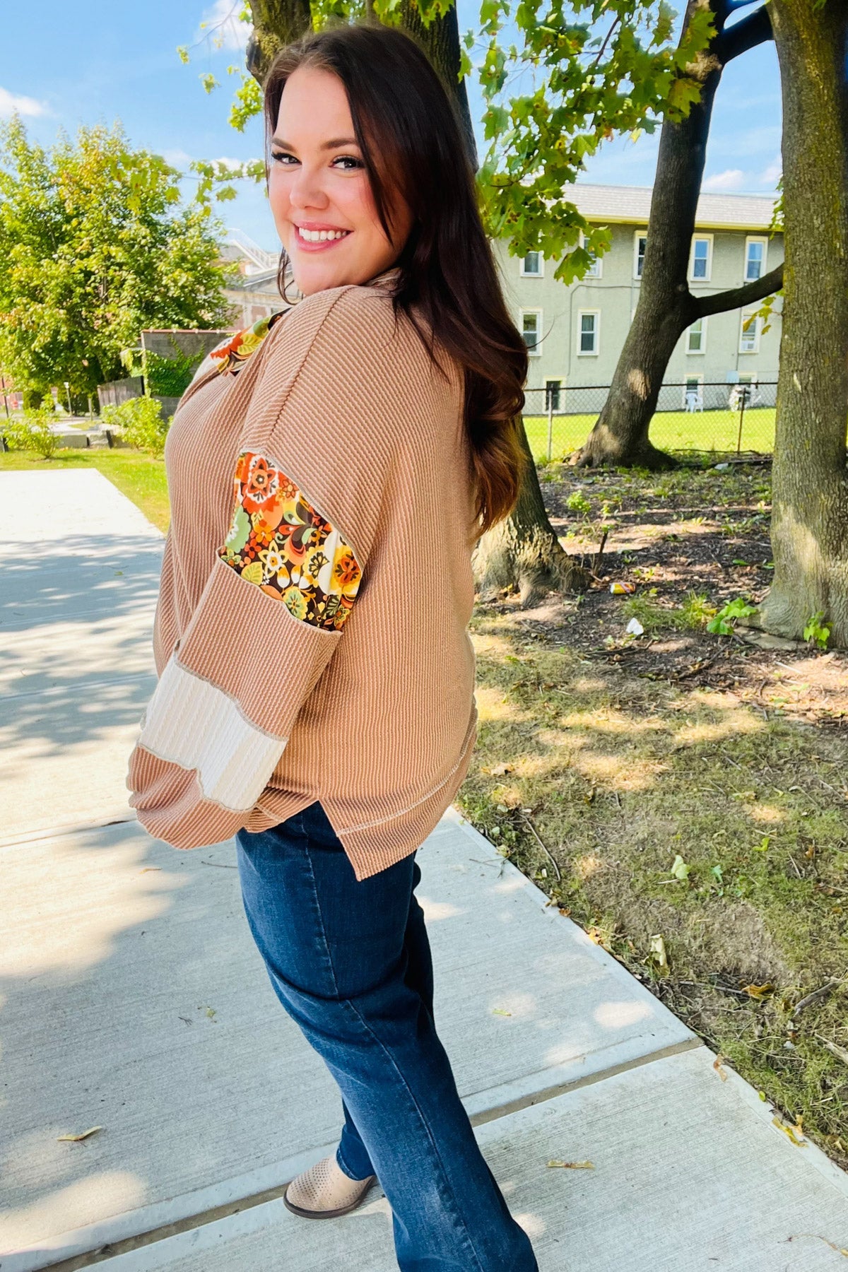 Caramel Floral Color Block Notch Neck Top