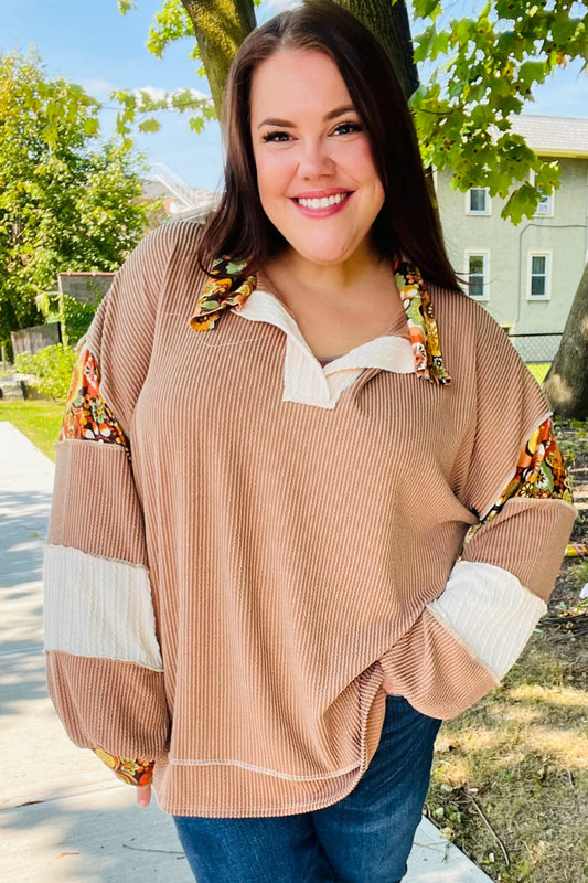 Caramel Floral Color Block Notch Neck Top