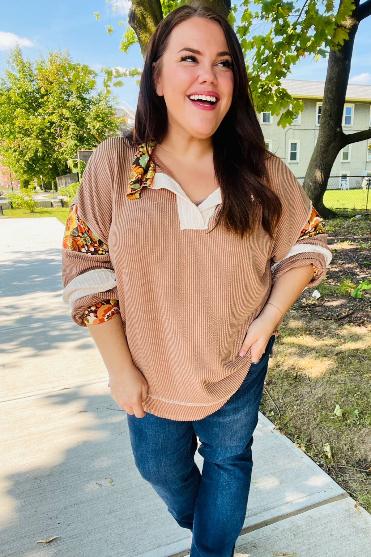 Caramel Floral Color Block Notch Neck Top