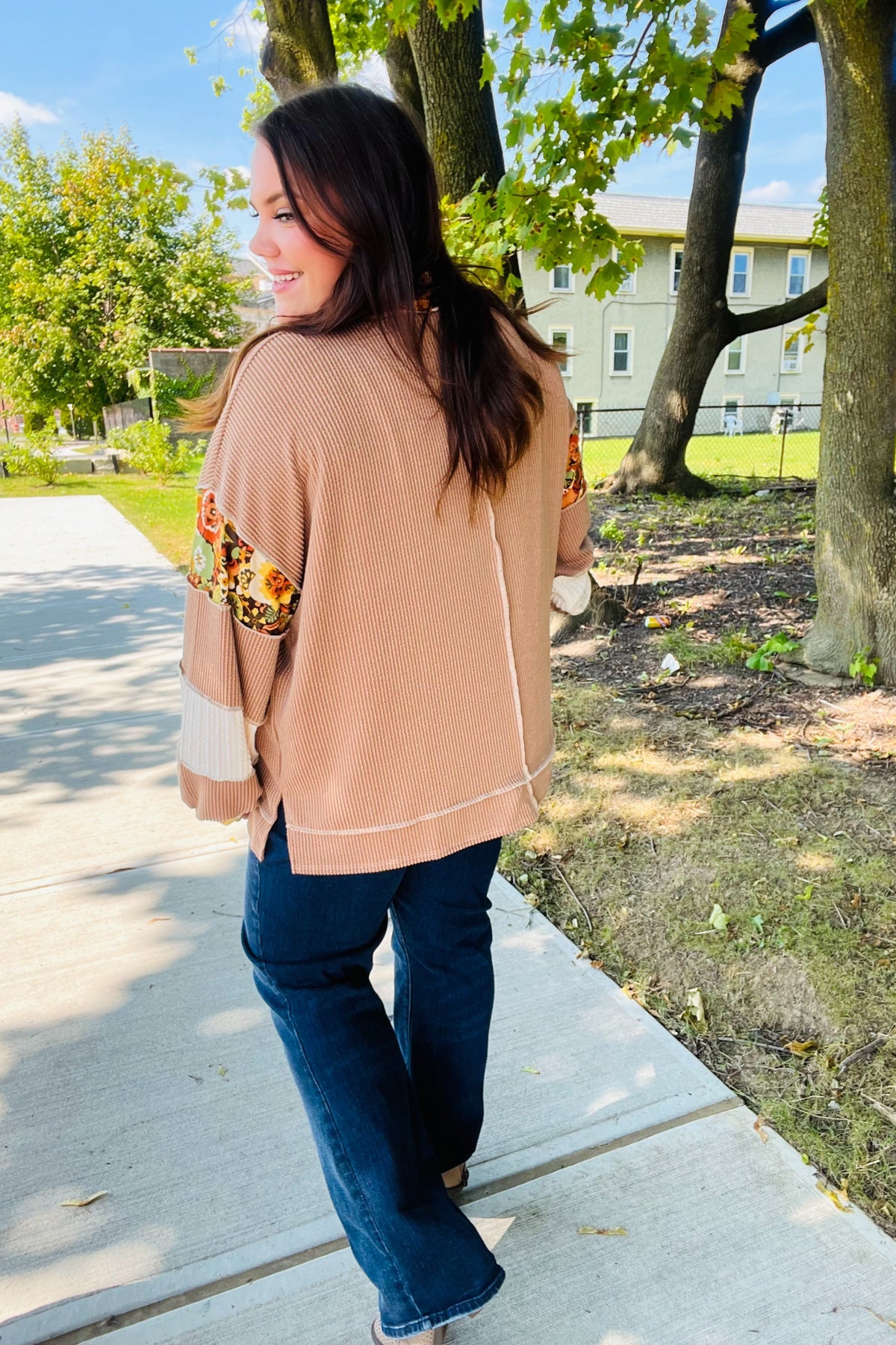 Caramel Floral Color Block Notch Neck Top