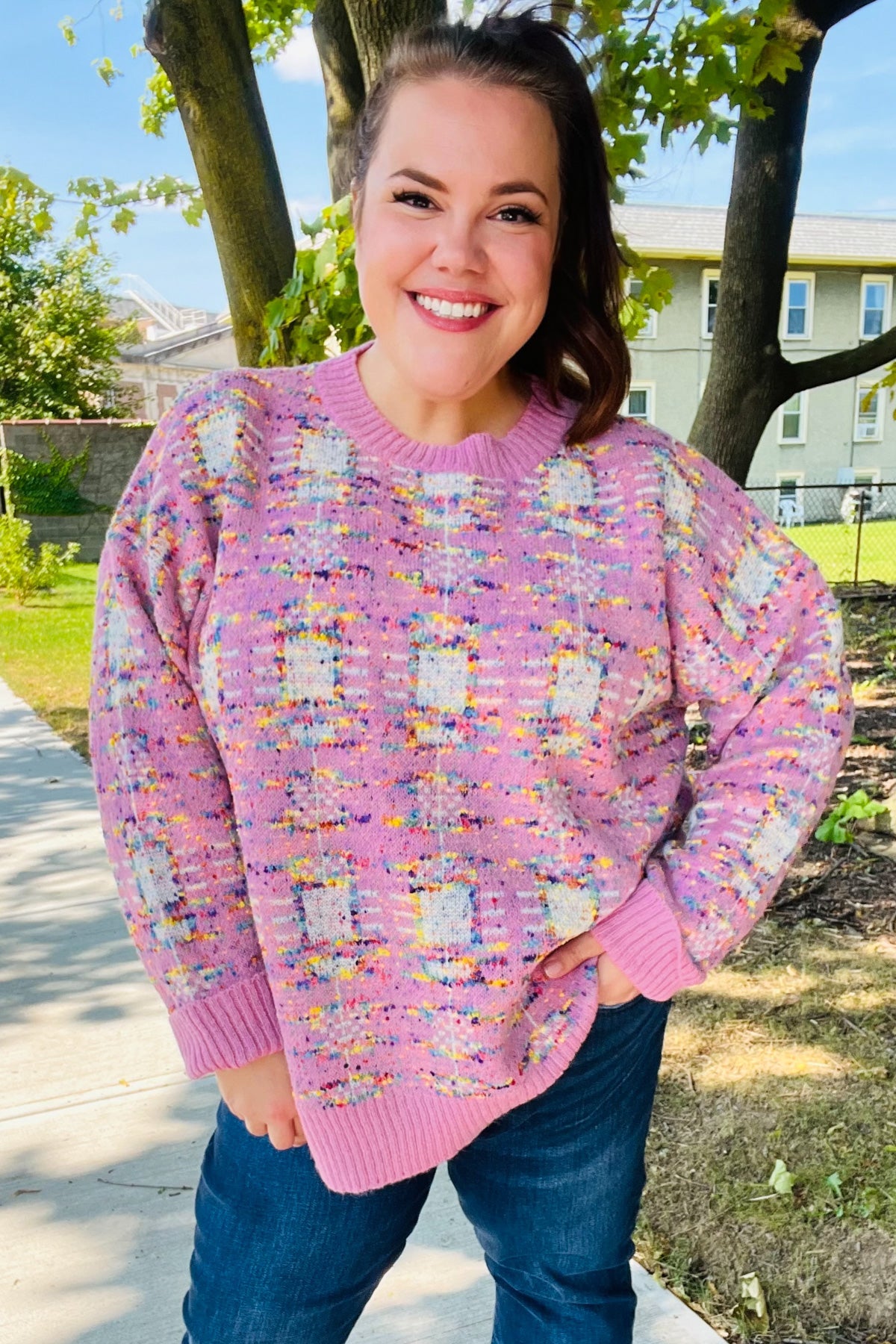 Pink Multicolor Popcorn Knit Sweater