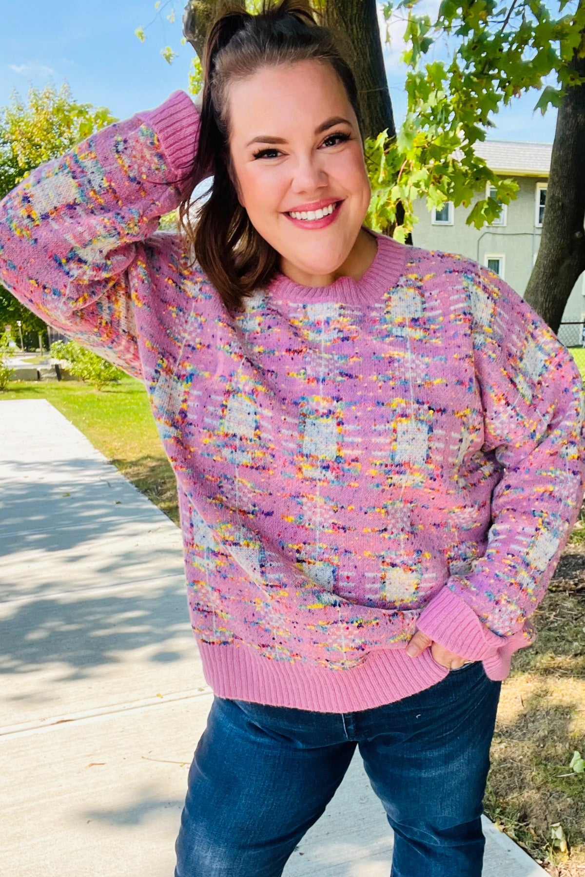 Pink Multicolor Popcorn Knit Sweater