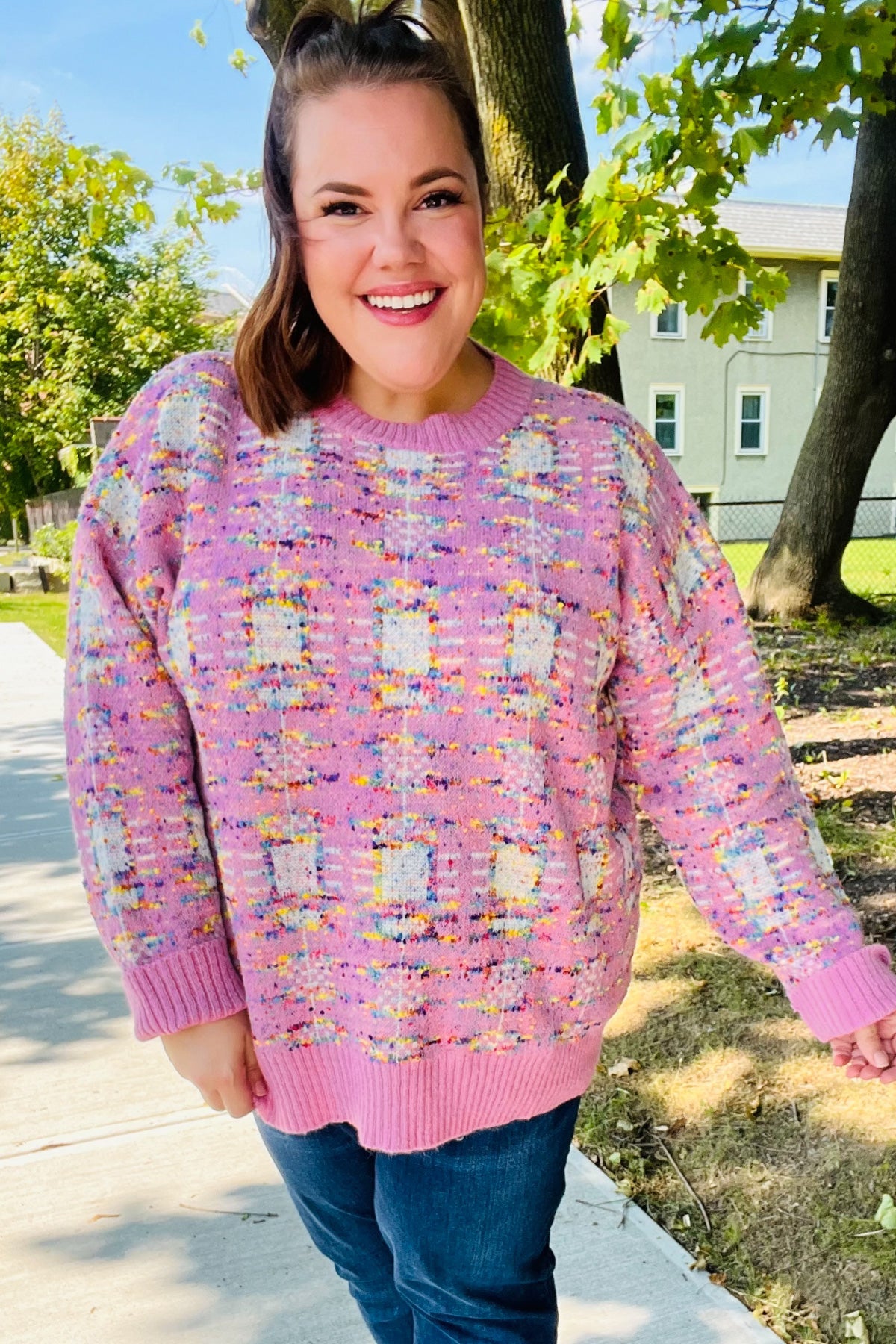 Pink Multicolor Popcorn Knit Sweater