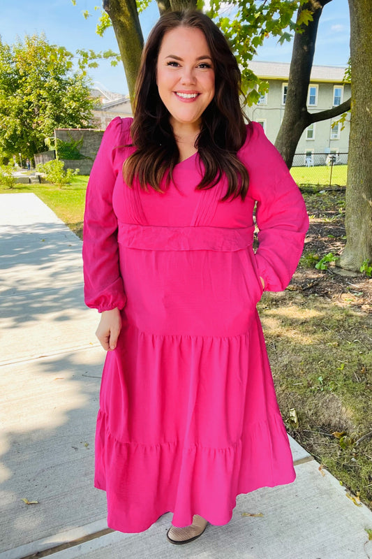 Berry Pintuck Detail Frill V Neck Maxi Dress