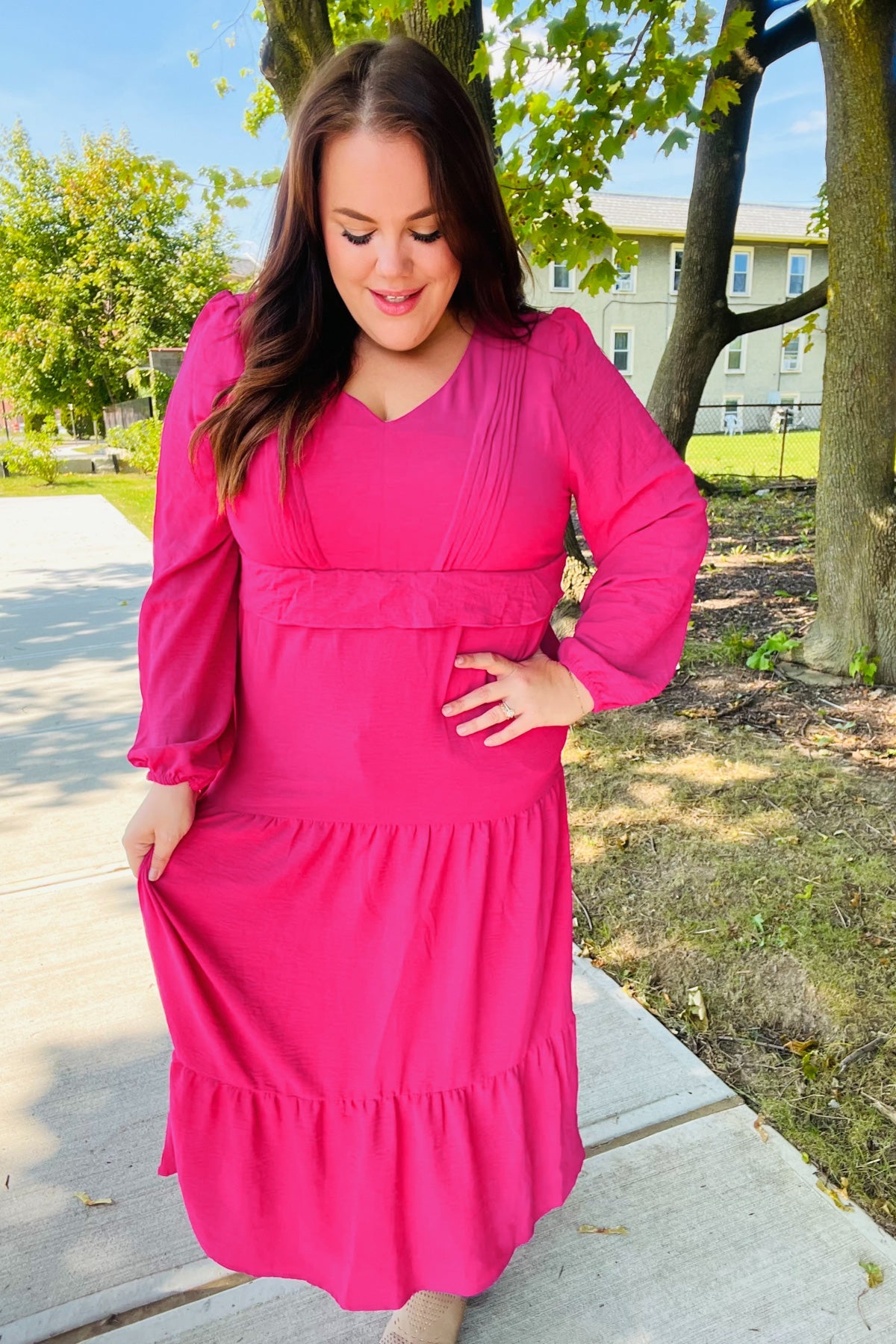 Berry Pintuck Detail Frill V Neck Maxi Dress