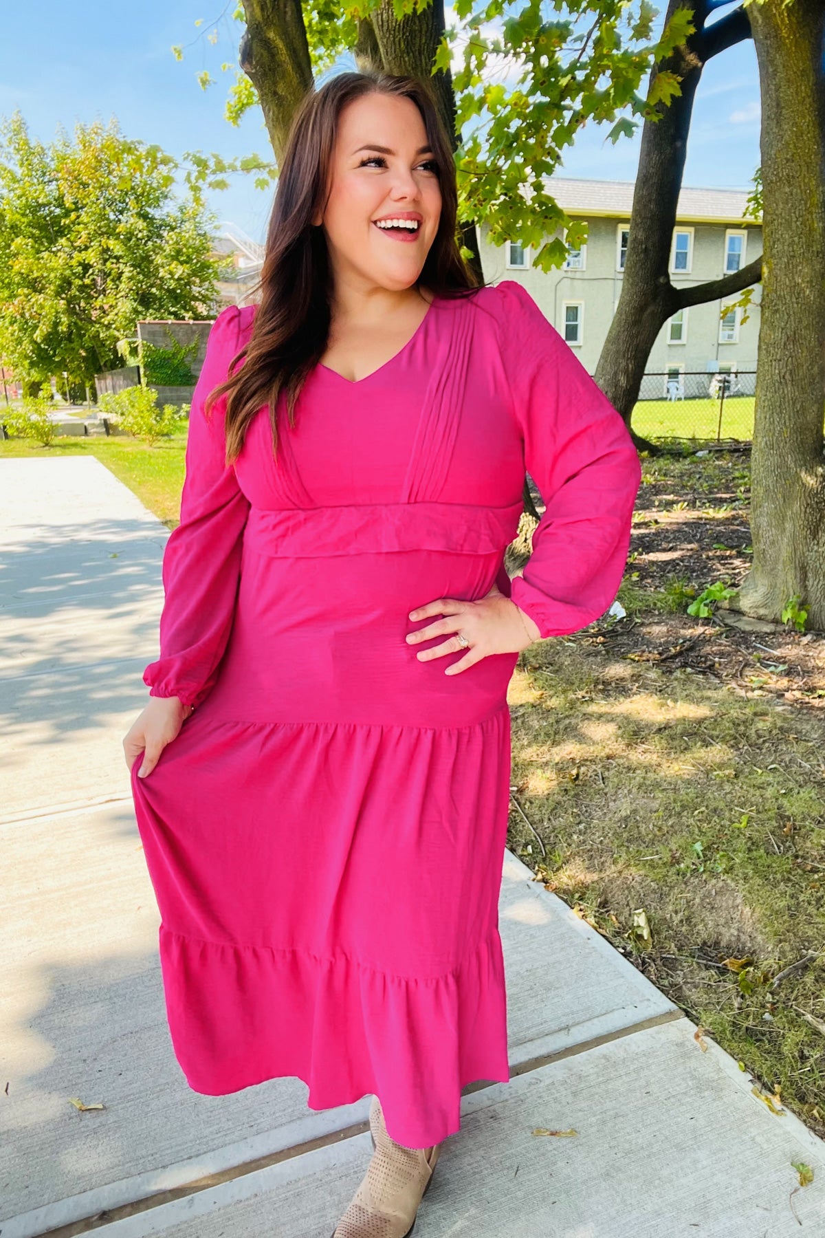 Berry Pintuck Detail Frill V Neck Maxi Dress