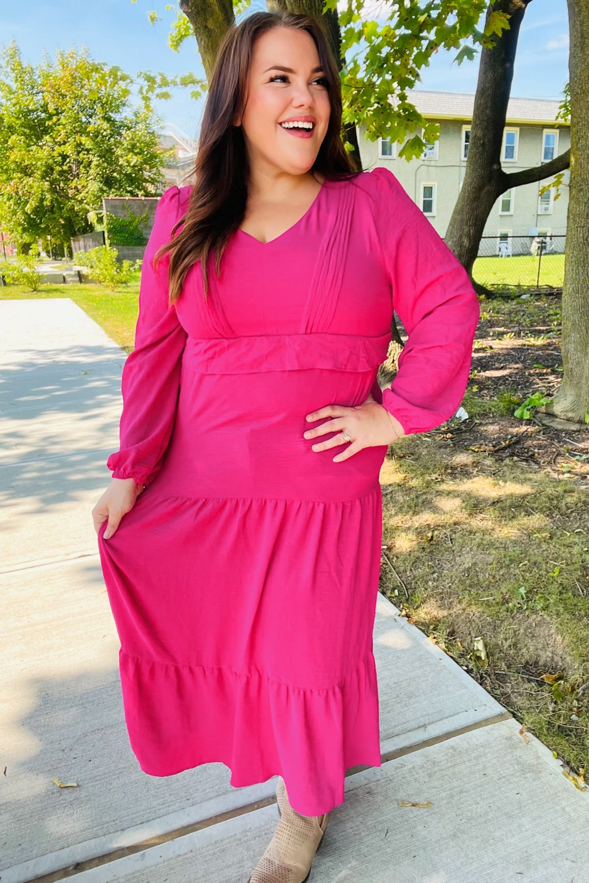 Berry Pintuck Detail Frill V Neck Maxi Dress