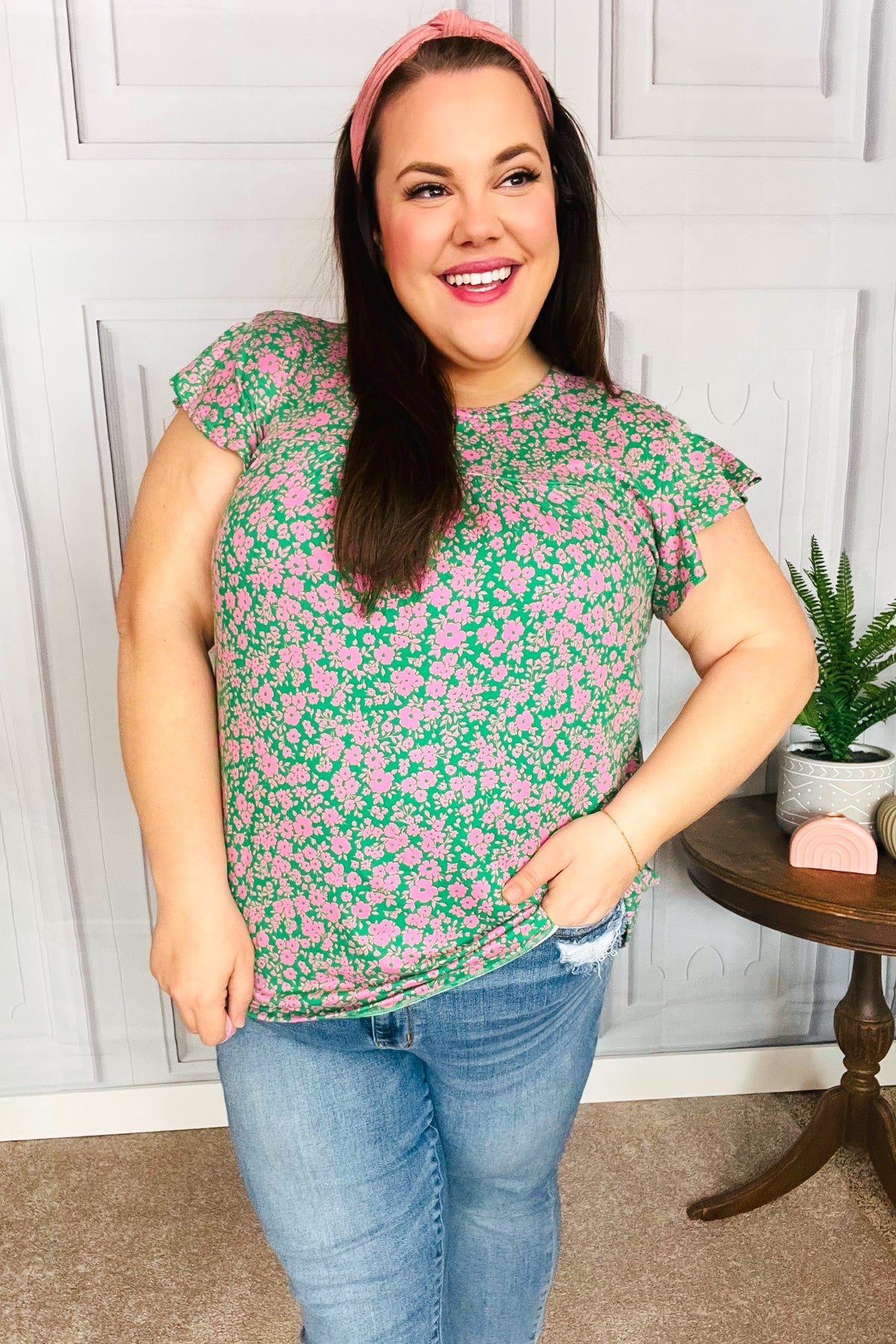 Green & Pink Floral Yoke Ruffle Short Sleeve Top