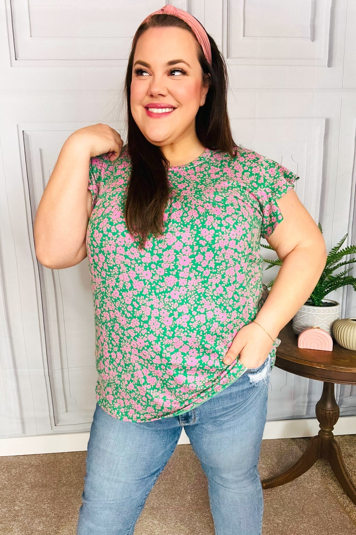 Green & Pink Floral Yoke Ruffle Short Sleeve Top