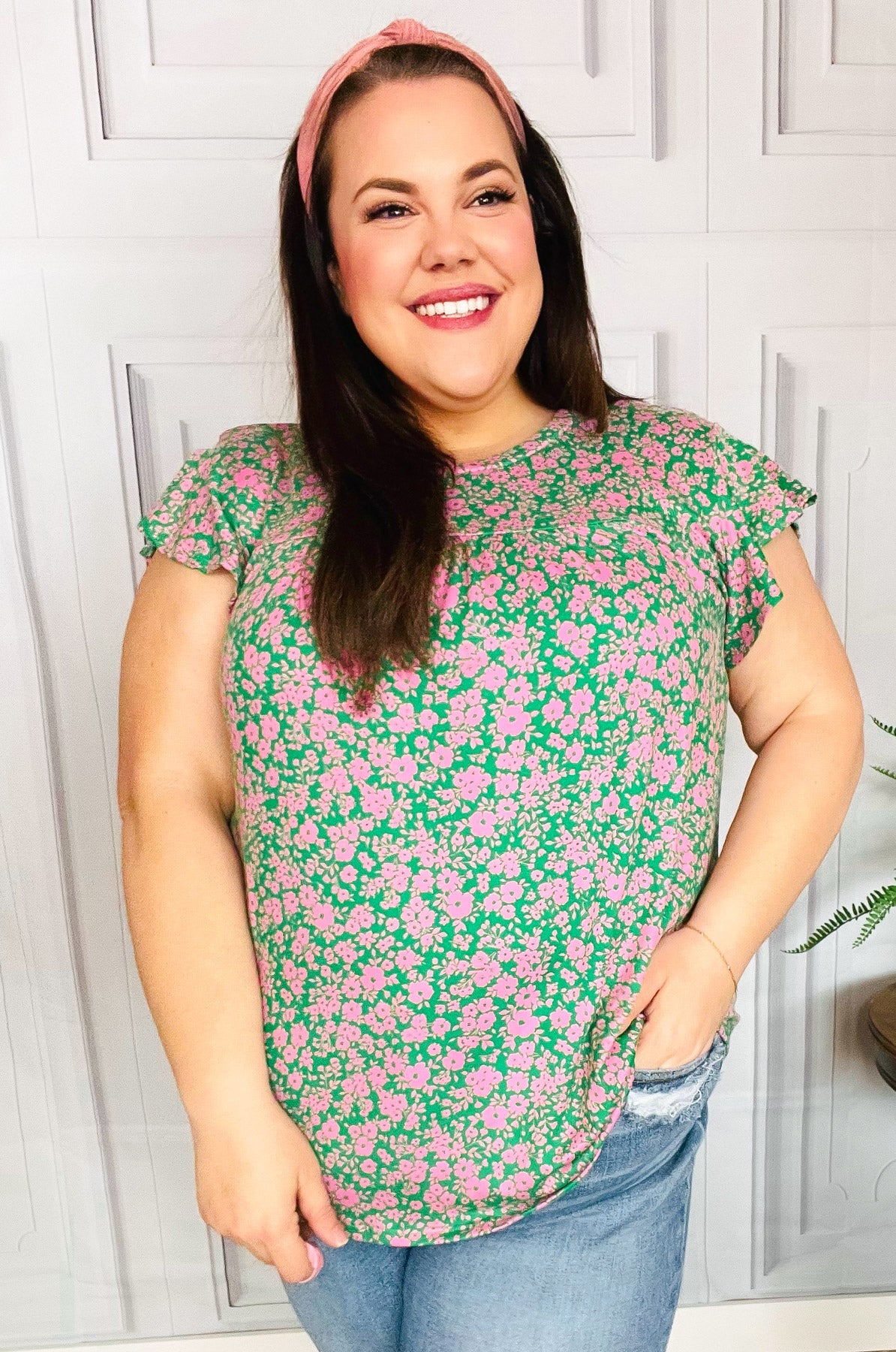 Green & Pink Floral Yoke Ruffle Short Sleeve Top