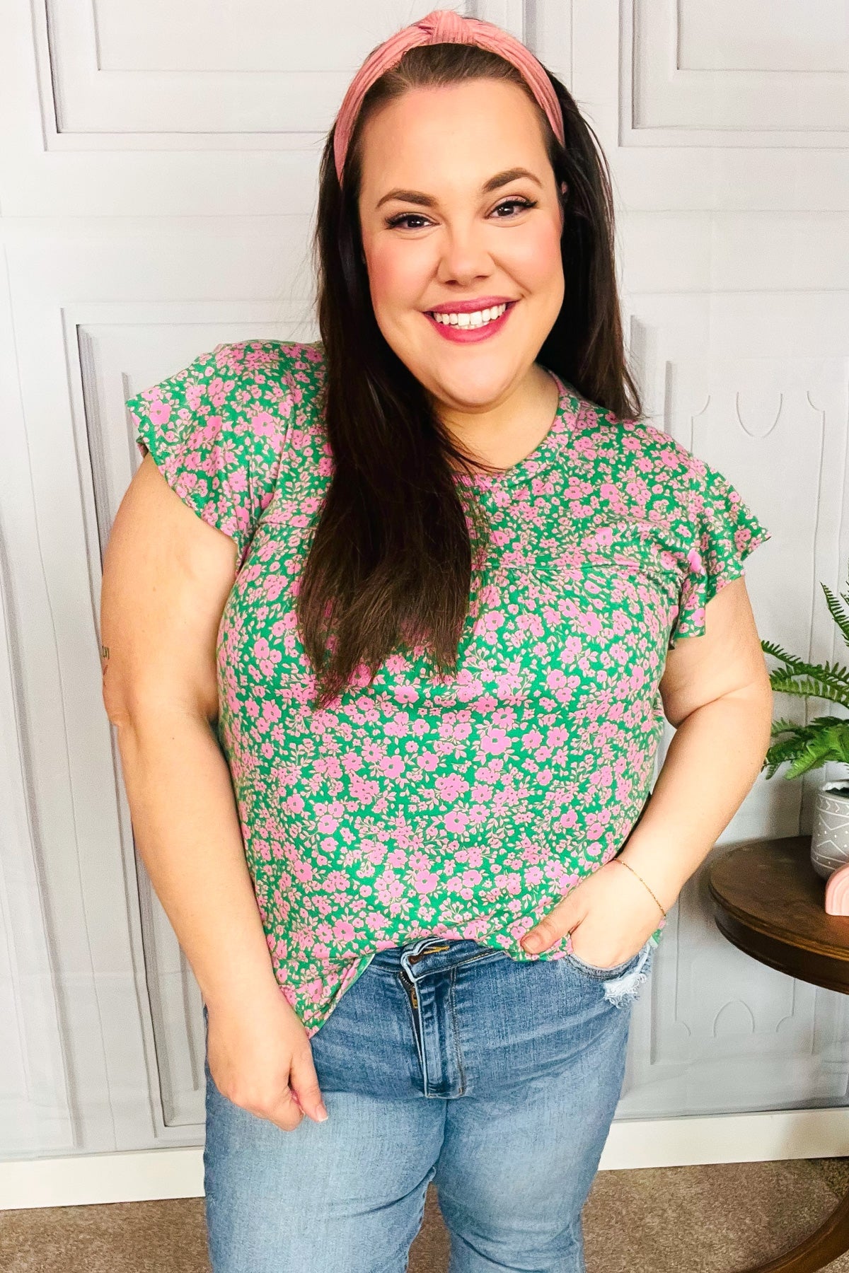 Green & Pink Floral Yoke Ruffle Short Sleeve Top