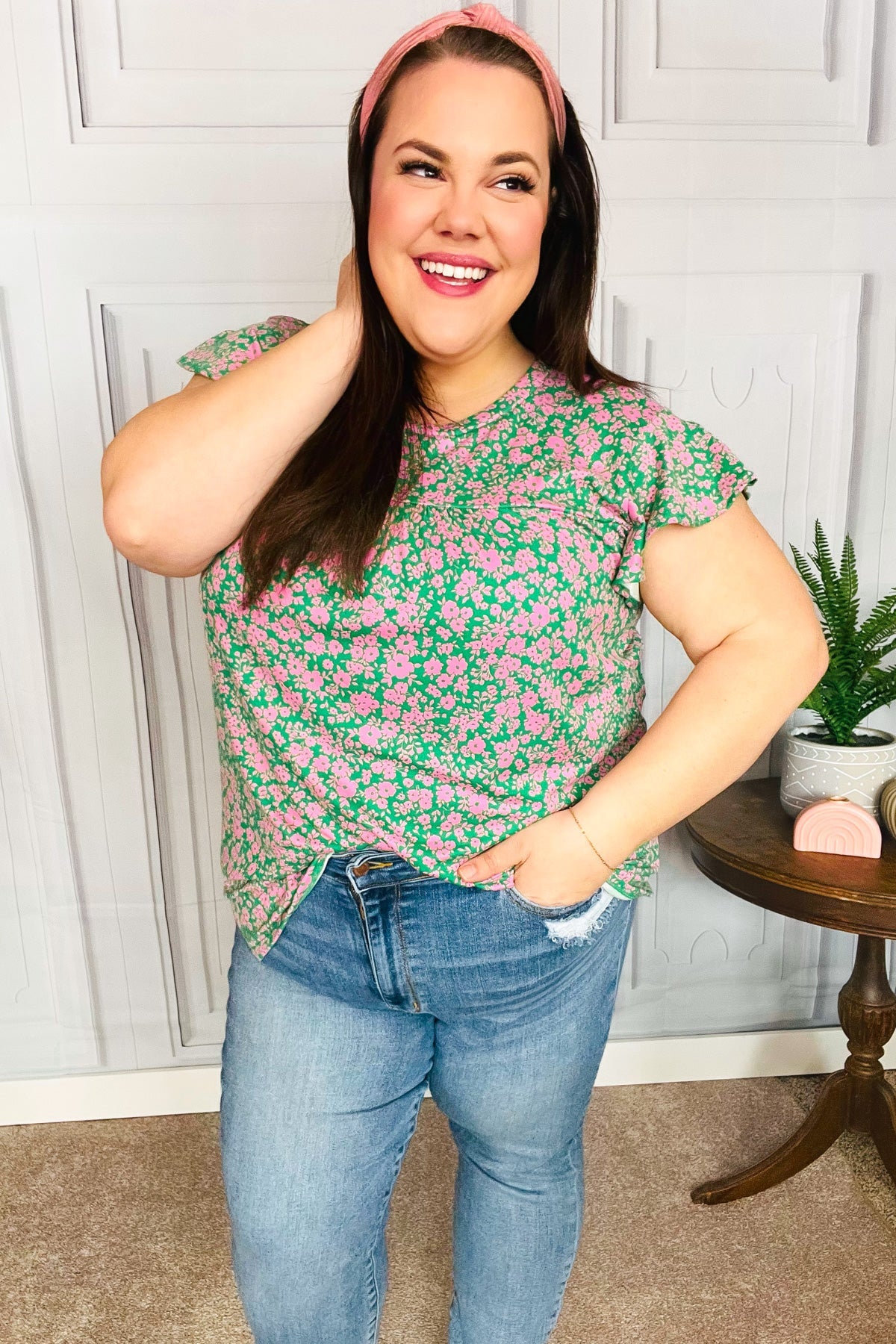 Green & Pink Floral Yoke Ruffle Short Sleeve Top