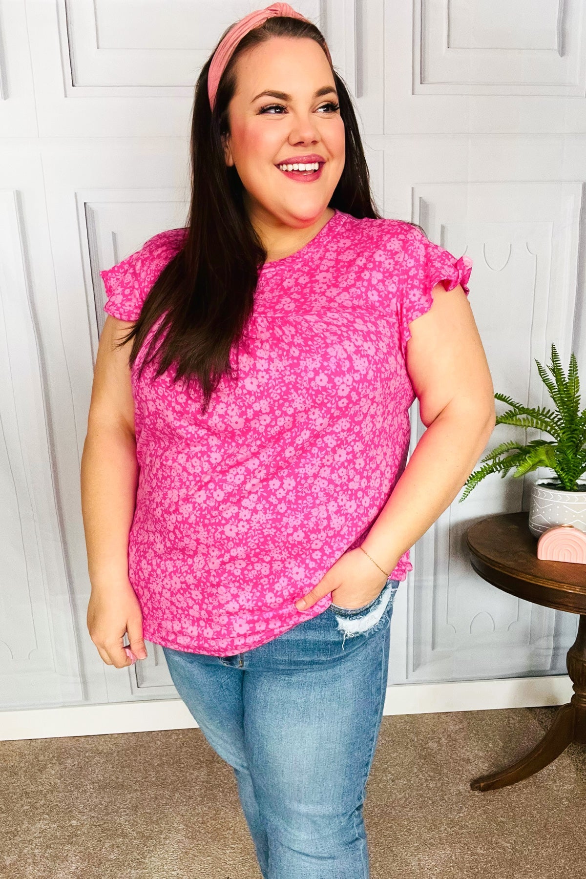 Fuchsia Floral Yoke Ruffle Short Sleeve Top