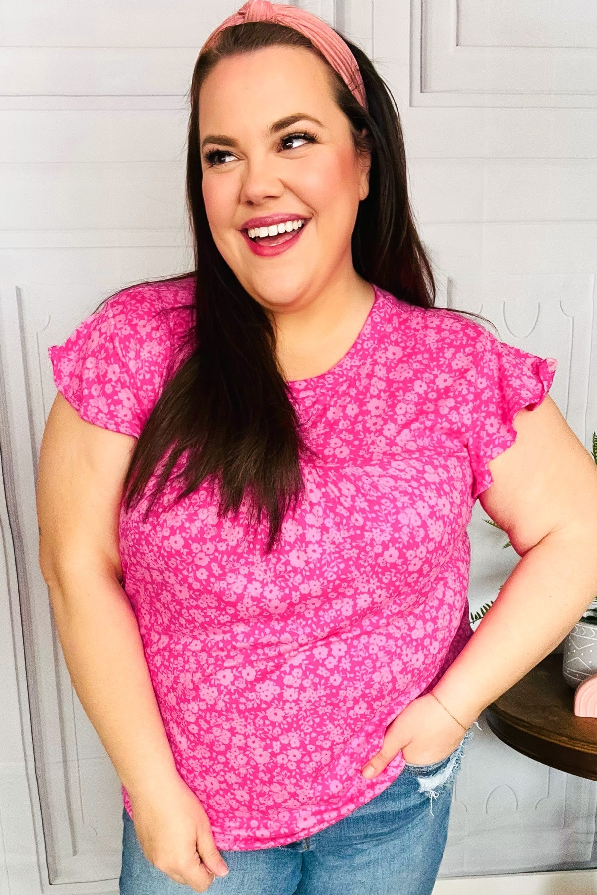 Fuchsia Floral Yoke Ruffle Short Sleeve Top