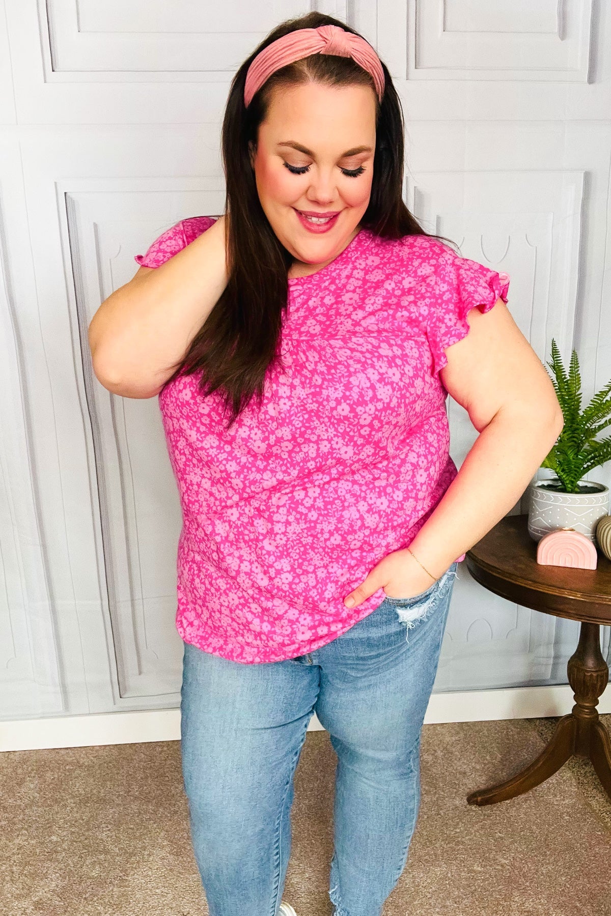 Fuchsia Floral Yoke Ruffle Short Sleeve Top