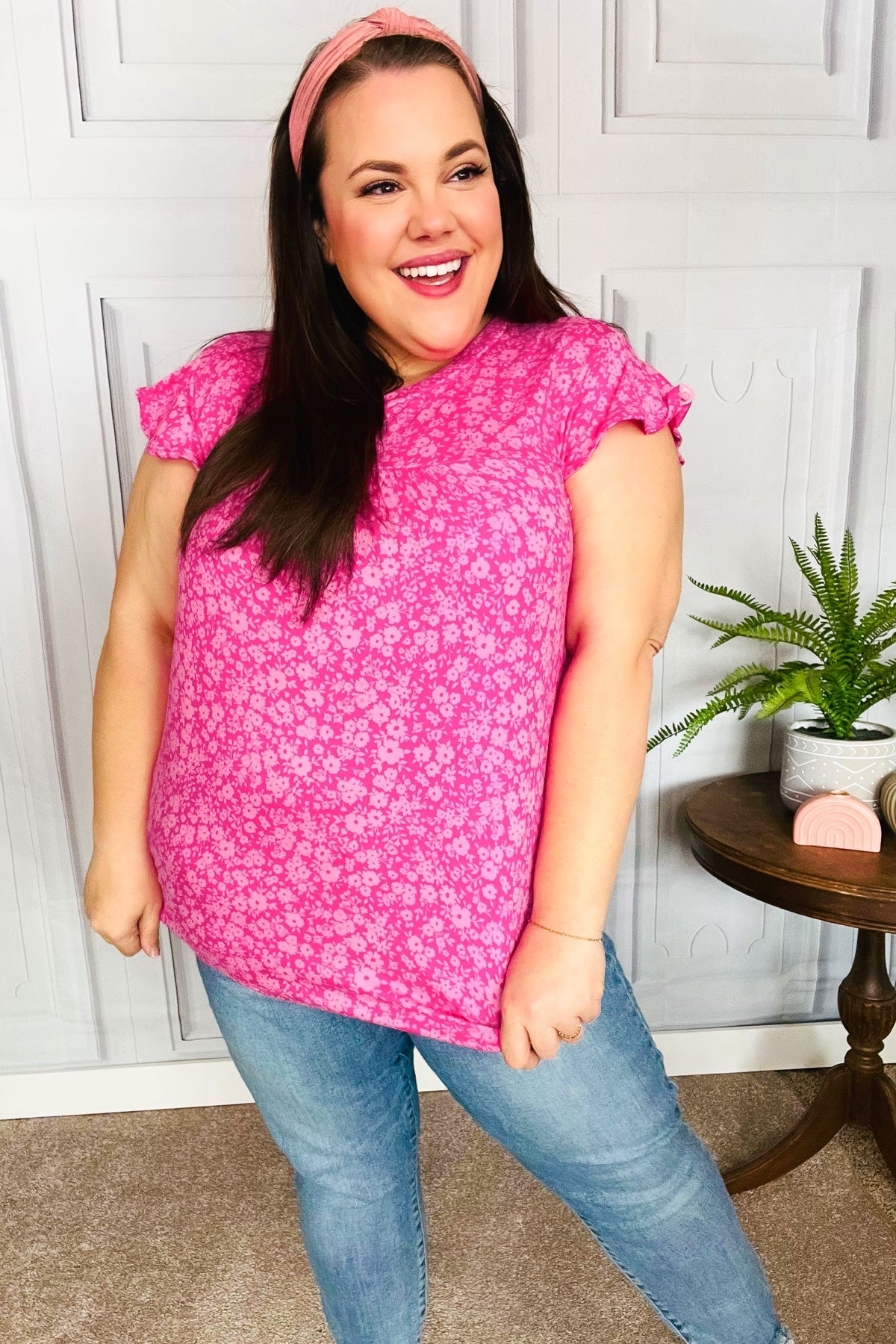 Fuchsia Floral Yoke Ruffle Short Sleeve Top