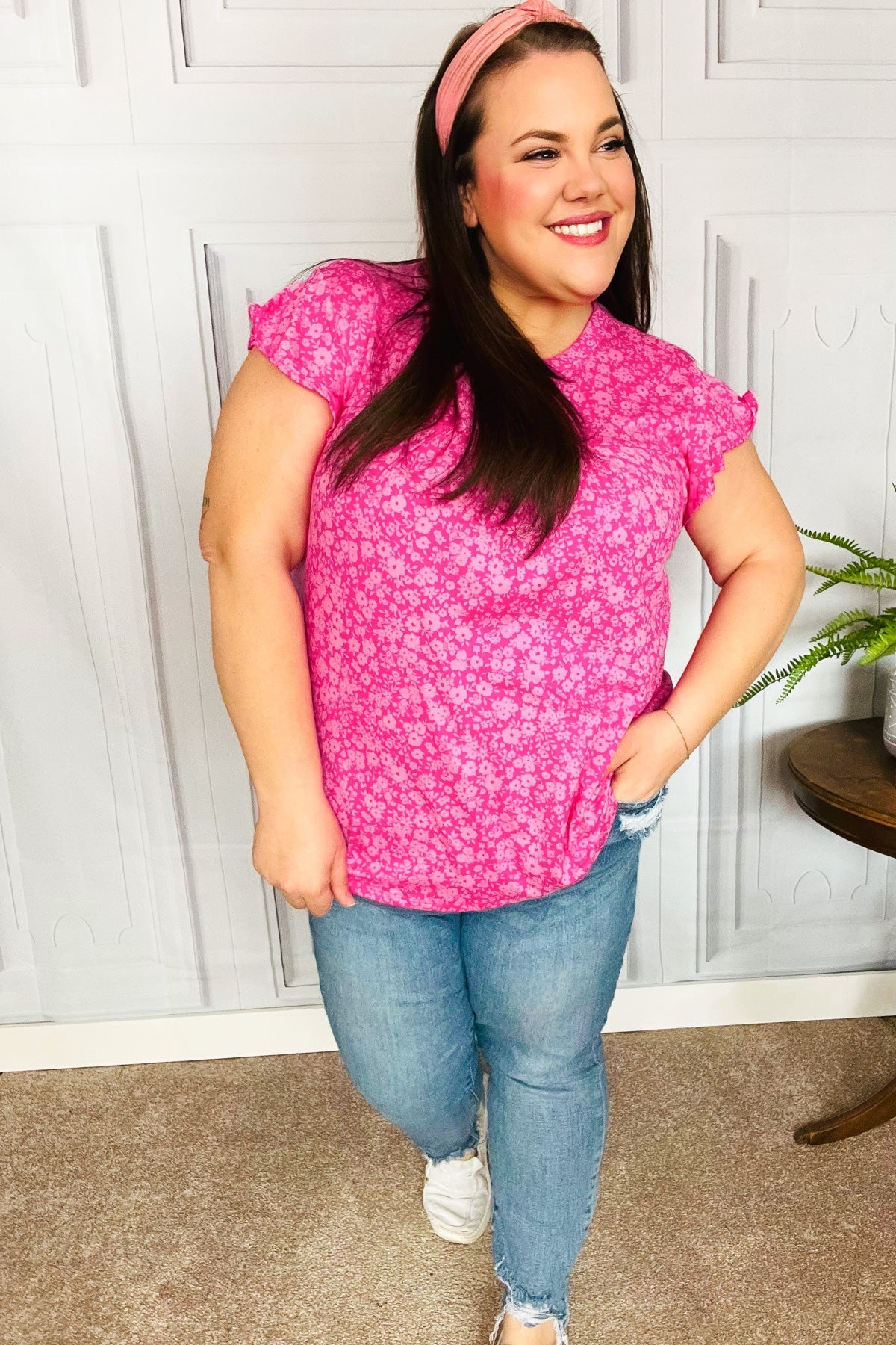 Fuchsia Floral Yoke Ruffle Short Sleeve Top