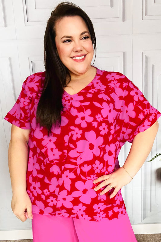 Magenta Floral V Neck Woven Top