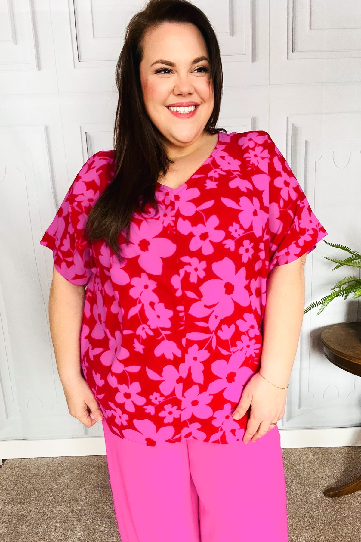 Magenta Floral V Neck Woven Top