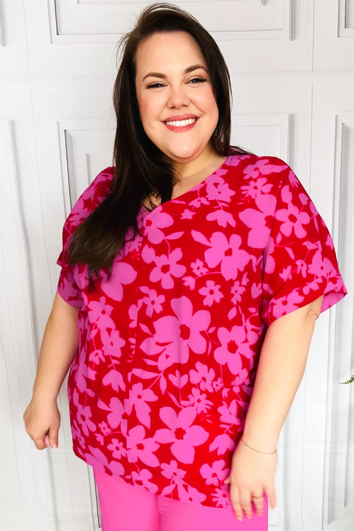 Magenta Floral V Neck Woven Top