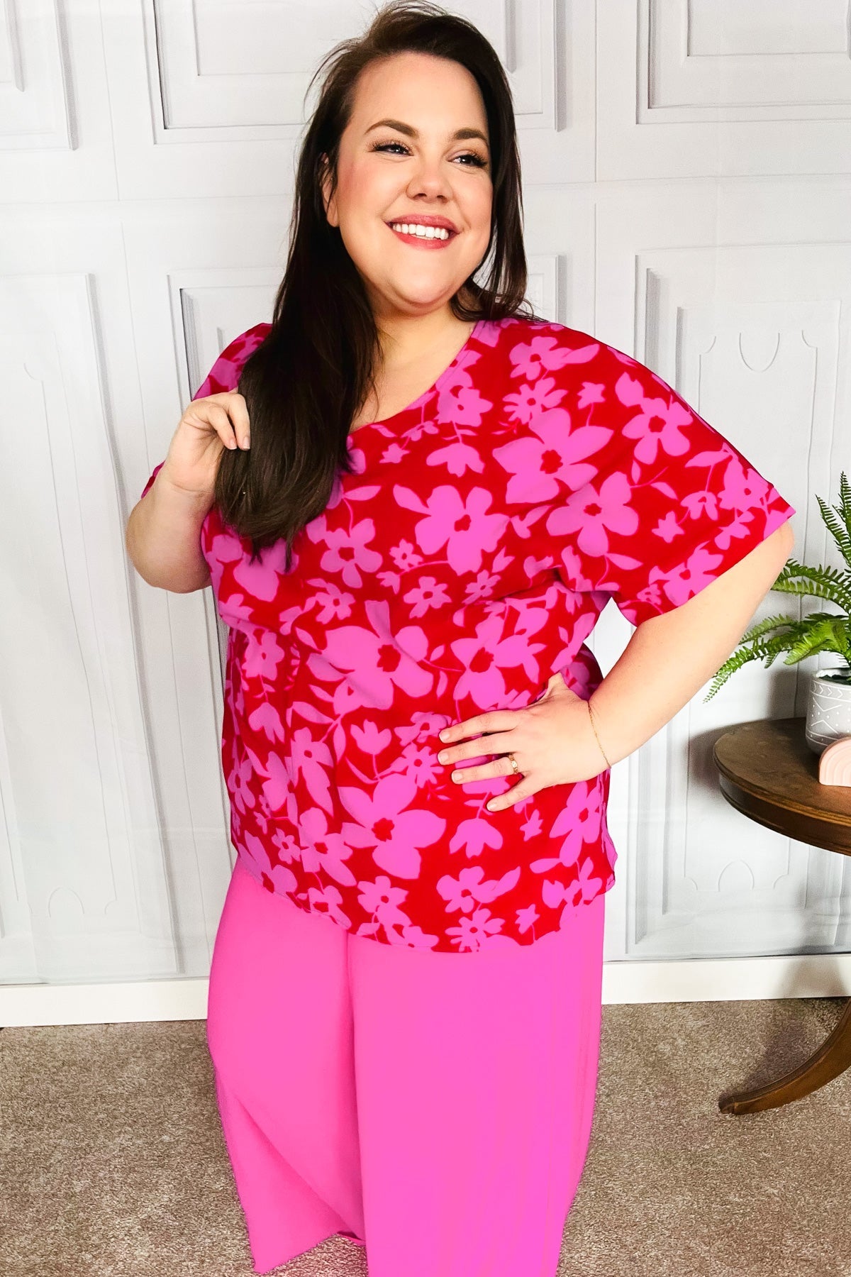 Magenta Floral V Neck Woven Top