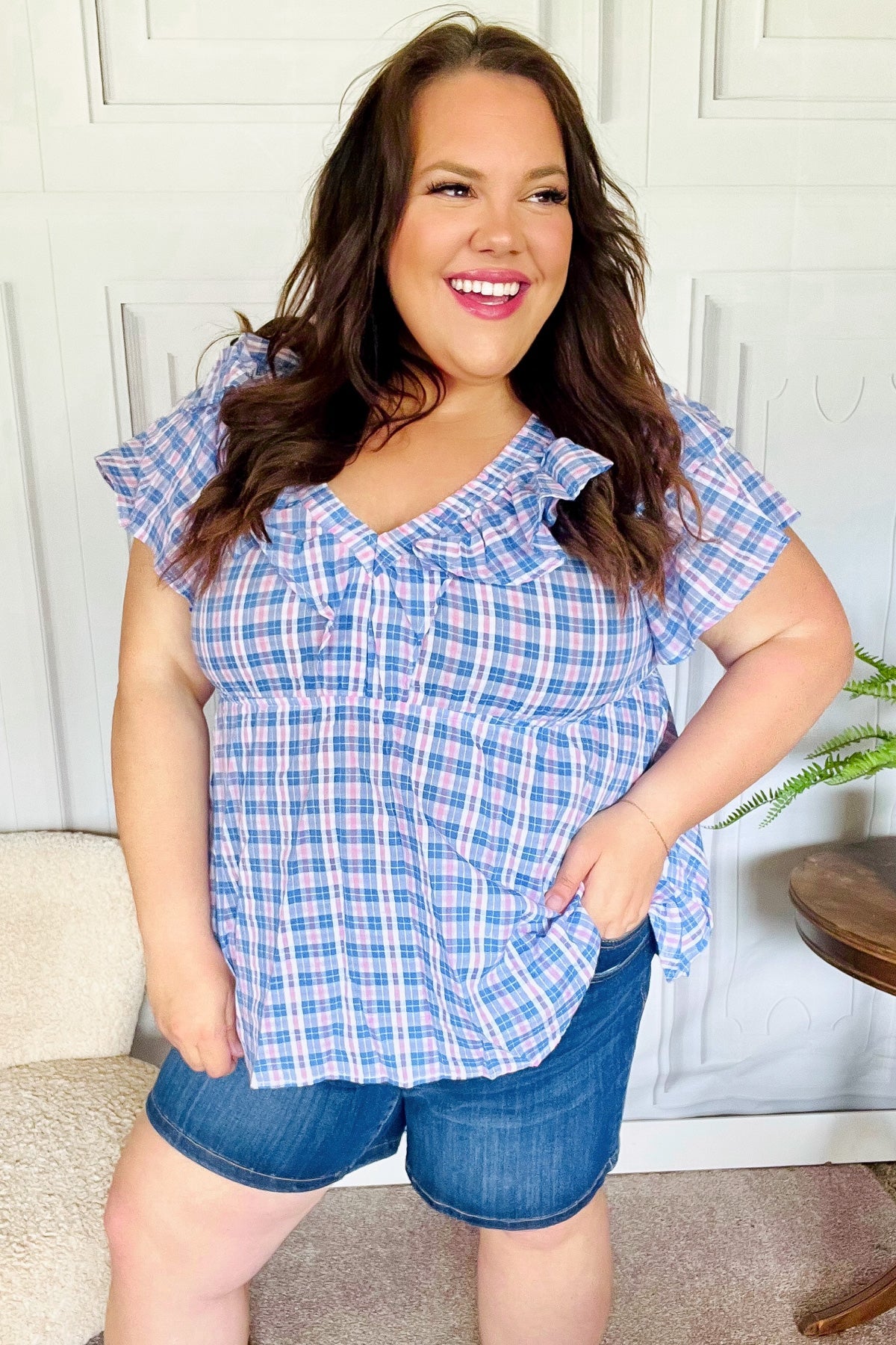 Blue Plaid V Neck Ruffle Elastic Babydoll Top