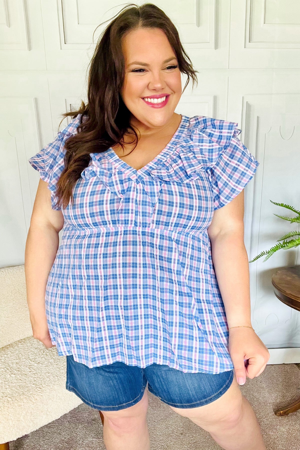 Blue Plaid V Neck Ruffle Elastic Babydoll Top