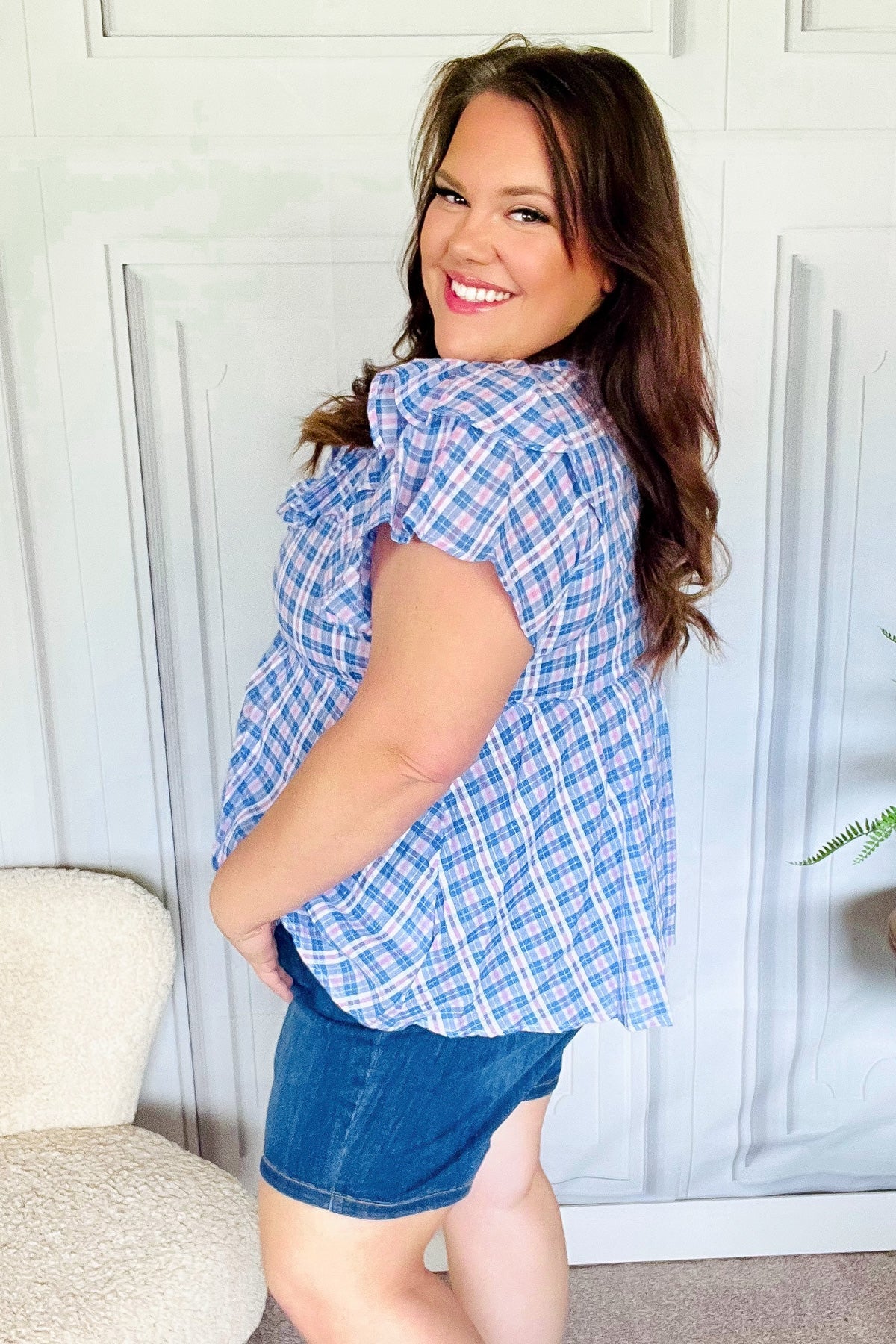 Blue Plaid V Neck Ruffle Elastic Babydoll Top