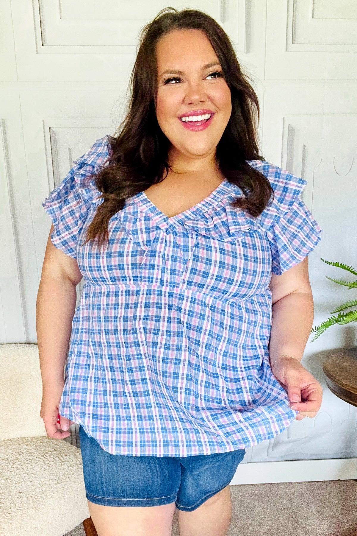 Blue Plaid V Neck Ruffle Elastic Babydoll Top