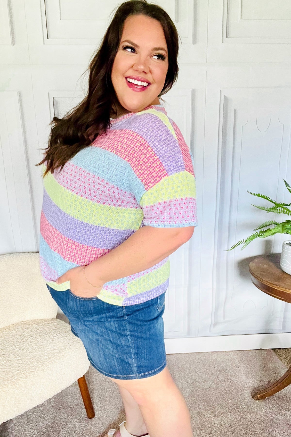 Lavender & Pink Striped Textured Waffle Knit Top