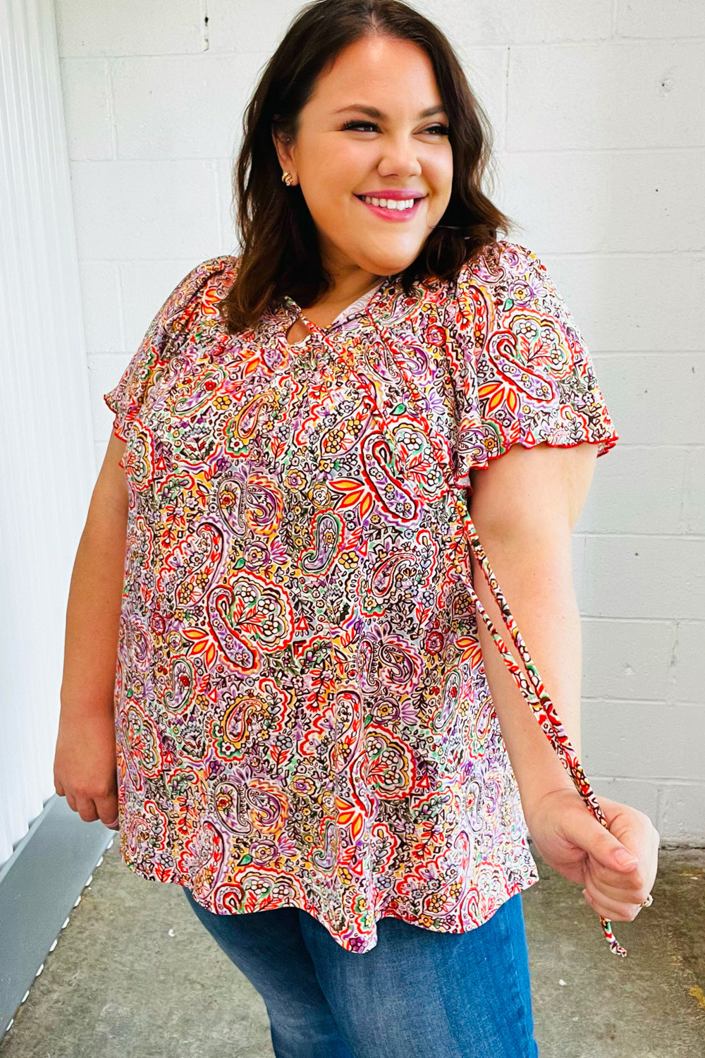 Plum Multicolor Boho Paisley Tie Neck Dolman Top