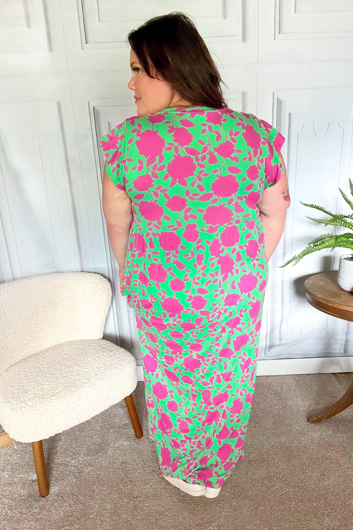 Green & Fuchsia Floral Fit & Flare Maxi Dress